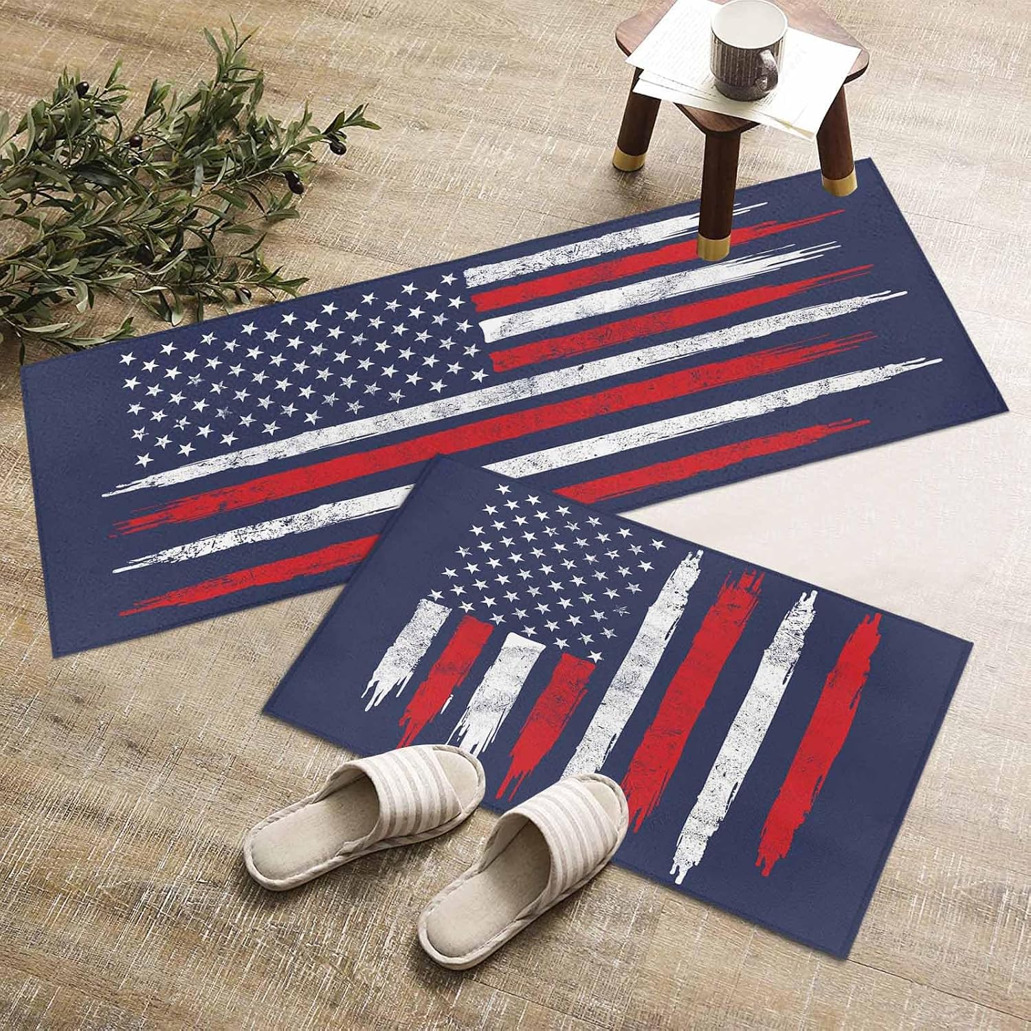 Kitchen Mats for Floor USA Flag Independence Day Washable Non Slip Kitchen Rugs 2PCS, Retro Stripes and Stars Absorbent Standing Mats for Sink Bathroom Office Living Room 15.7x23.6in+15.7x47.2in