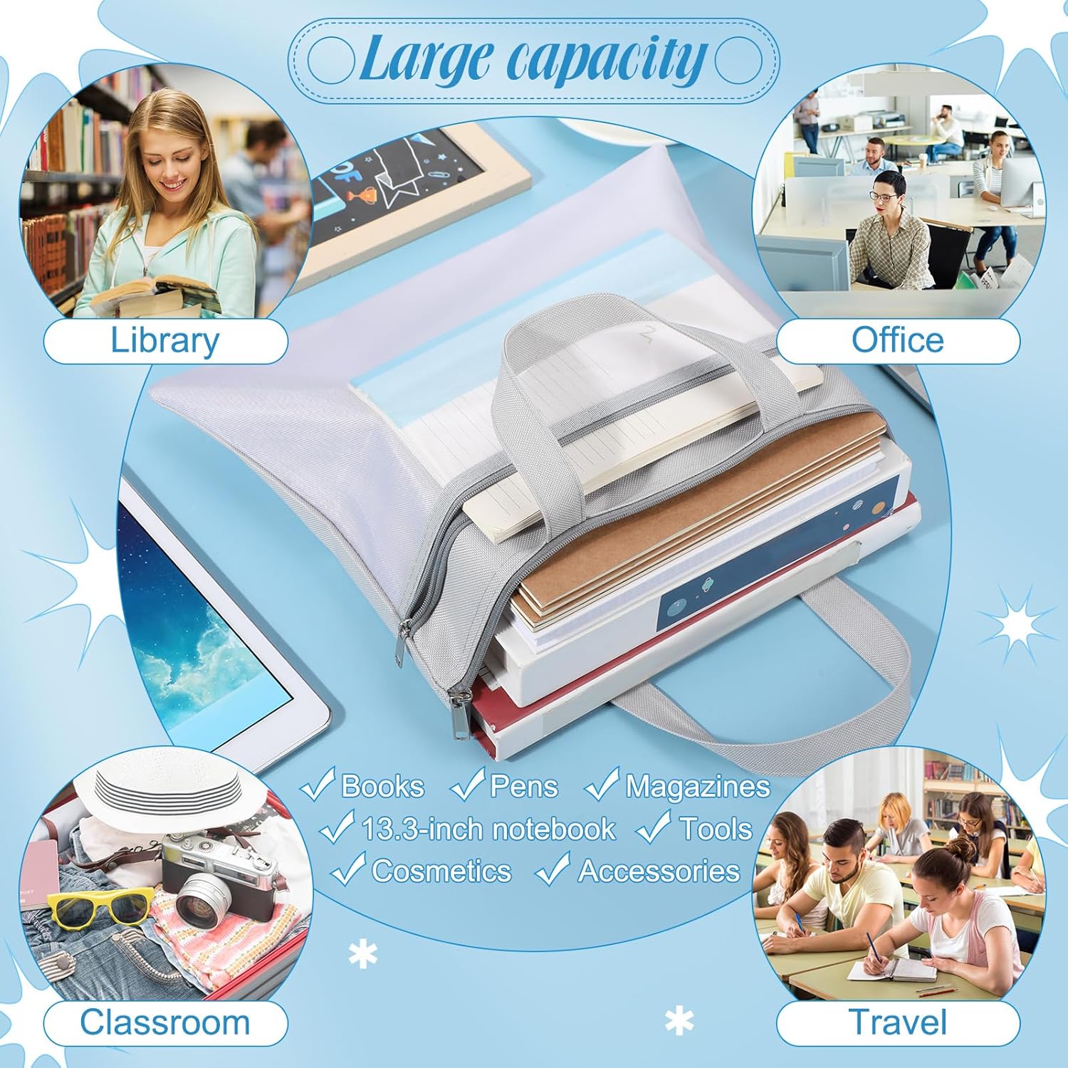 Zhehao 16 Pcs Student Book Pouches with Handle Waterproof Document Bag Sew Project Bag for Quilting Mesh Zipper Pouch File Artwork Storage Organize for A4 Files, 14 x 11 Inch - Image 7