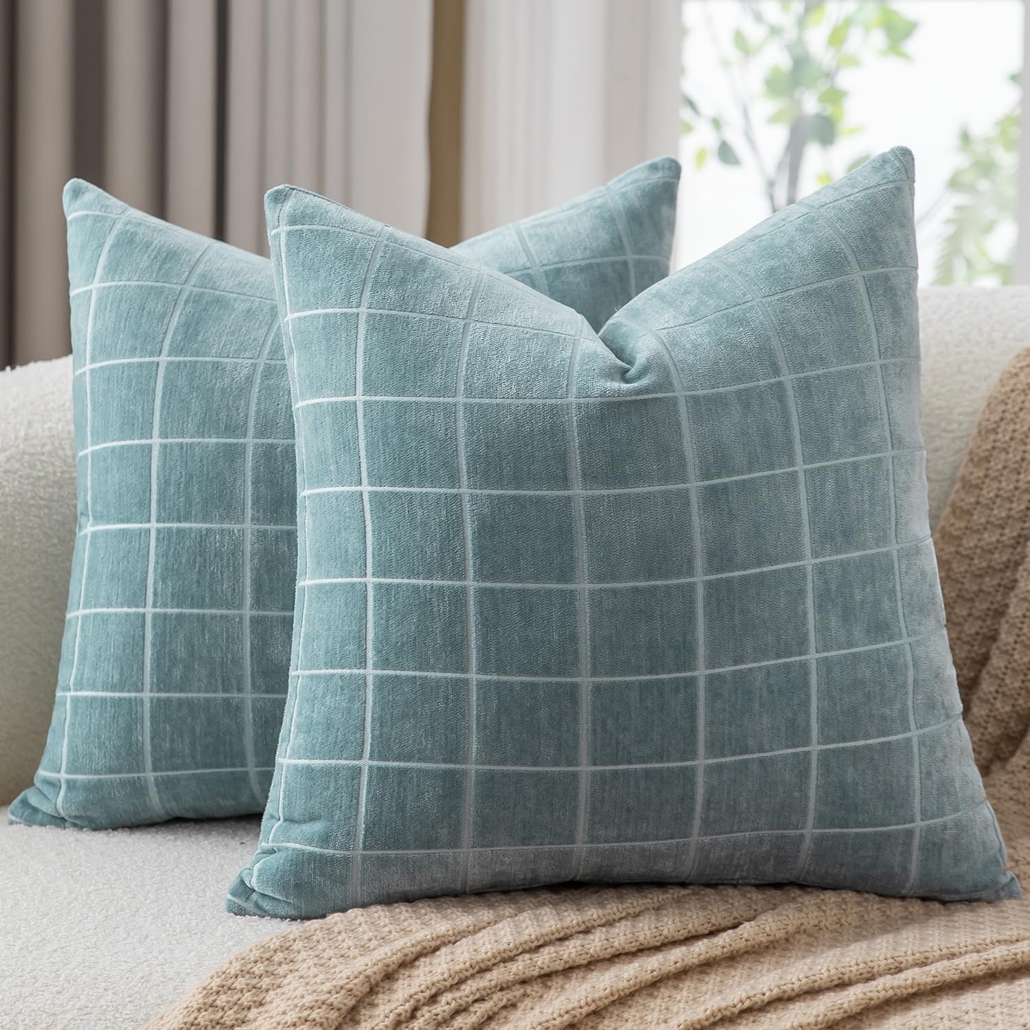 Mandioo Pack of 2 Chenille Check Cushion covers 40x40cm 16x16 Inch Vintage Plaid Decorative Pillow Covers Soft Velvet Backing Throw Pillow cases Farmhouse Sofa Couch Bed Living Room LightBlue โ image 1