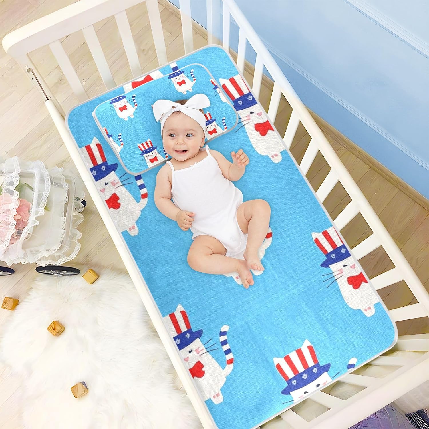 4th of July Independence Day White Cat Cooling Baby Crib Mattress 28" x 52" Reusable Mattress Protector pad for Baby&Toddler