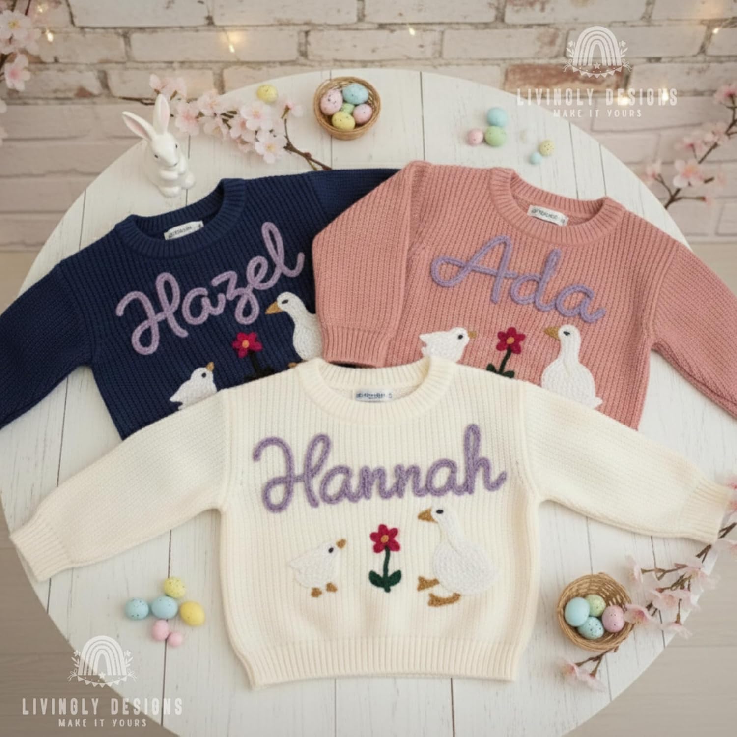 Custom Floral Swan & Name Sweater, Personalized Embroidery, Toddler Easter Swan Knit Jumper, Multiple Colors
