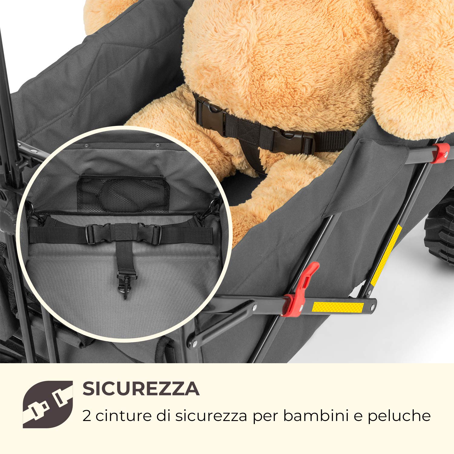 Waldbeck Easy Rider - Carretto, Carretto a Mano, Portata Fino a 70 kg, Copertura in Poliestere 600D, 2 Cinture di Sicurezza per Bambini, Pieghevole, Braccio Telescopico, Grigio