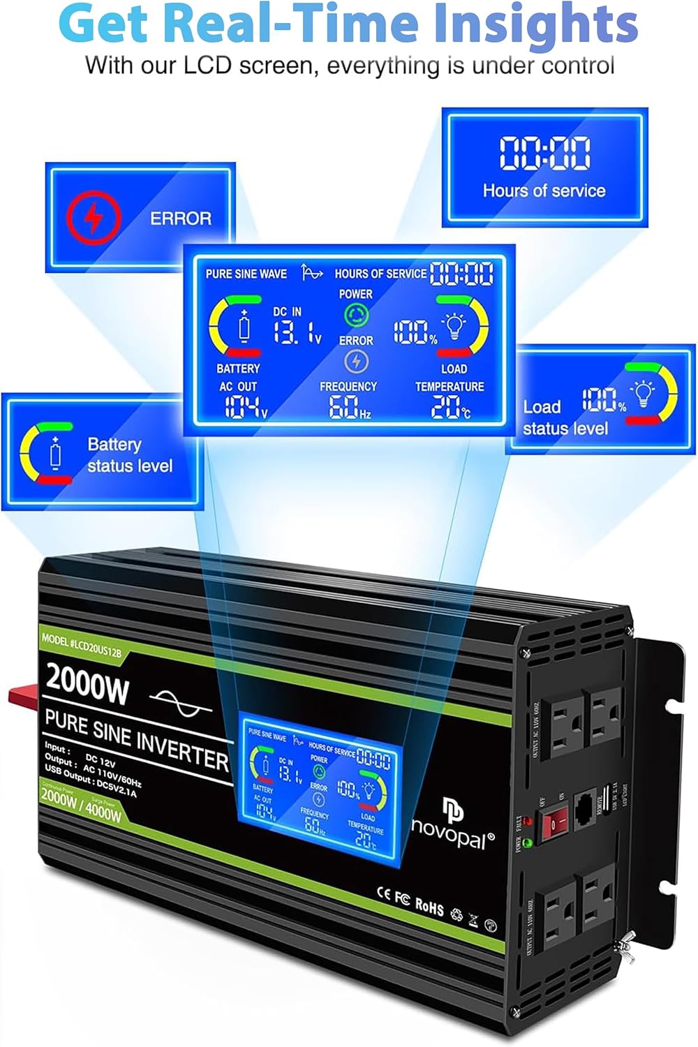 NOVOPAL 2000 Watt Pure Sine Wave Power Inverter DC 12V to AC 110V 120V Rv Inverters with 1 USB Port-16 feet Remote Control, LCD Display for Truck, Hurricane, Home