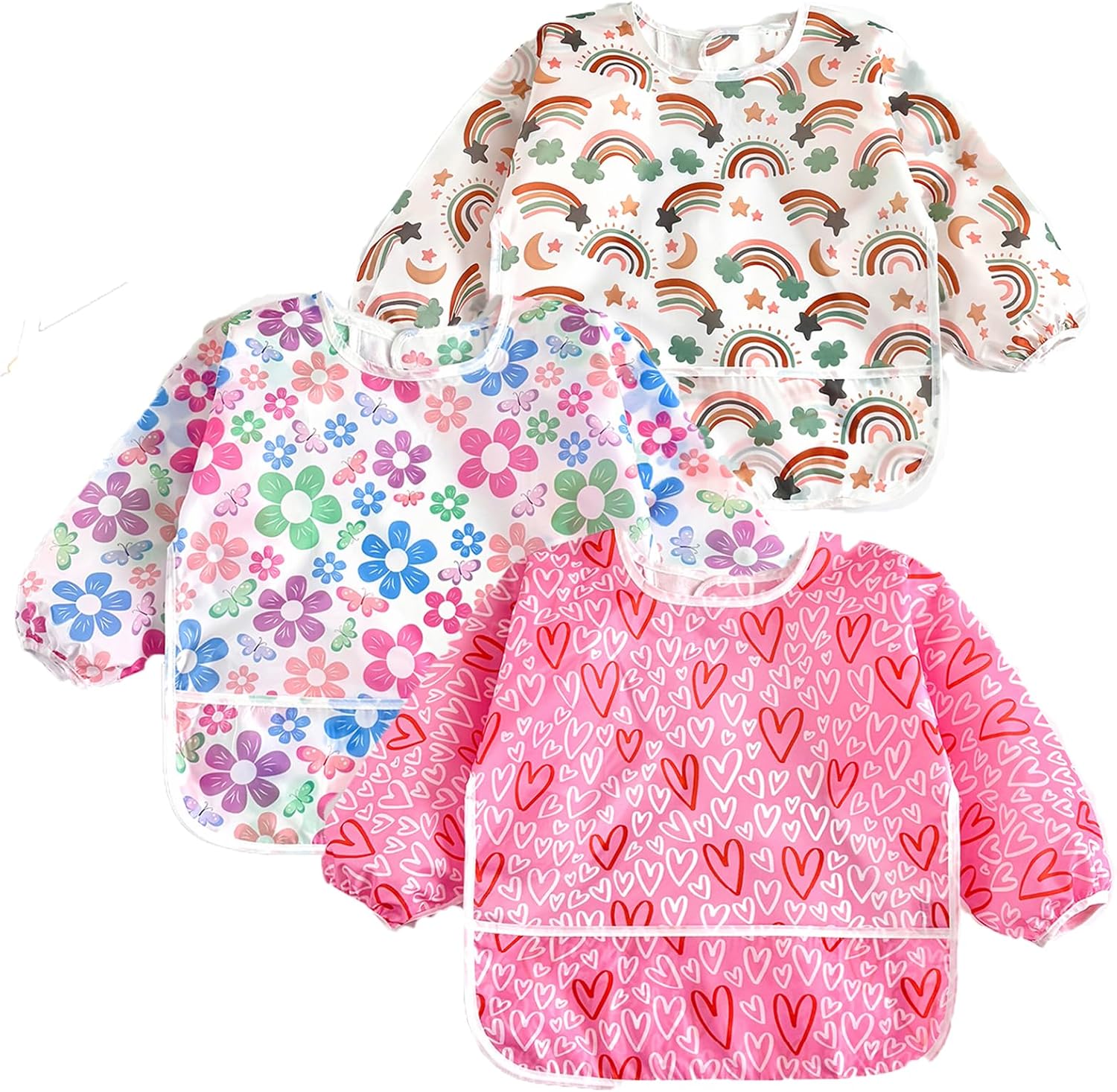 PandaEar 3 Pack Long Sleeve Baby Bibs, Waterproof Full Sleeve Bib for Toddlers, Adjustable Fit for Ages 6-36 Months