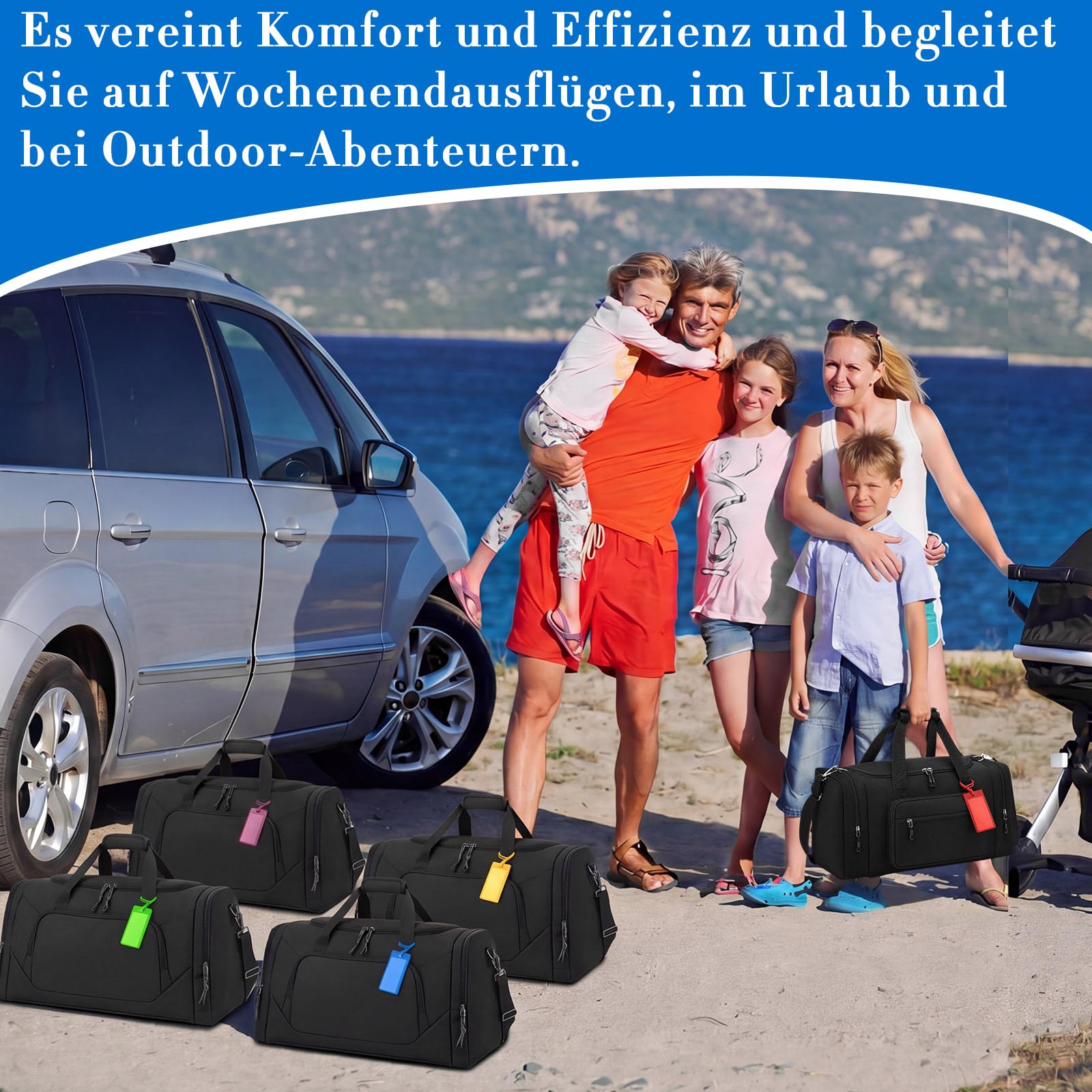 Weewooday 5er Dachbox Tasche Set 4 Dachgepäckträger Tasche 61 cm 55L und 1 Dachgepäck 51 cm 35L Duffel Bag mit Schuhfach Schwarze Reisetasche mit 5 Gepäckanhänger für Auto Dachbox Urlaub Camping Umzug
