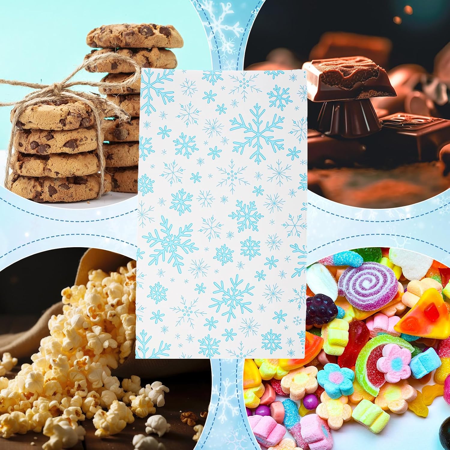 Yeaqee 200 Pcs Christmas Winter Paper Bags Snowflake Goodie Gift Bags for Candy Lunch Treat, 5 x 8.7 x 3.2 Inches, Holiday Xmas Birthday Party Supplies, 4 Styles
