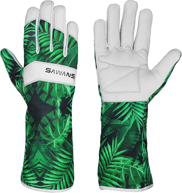 Leather Gardening Gloves Ladies Men/Women Short & Long Forearm Protection Thorn Proof Breathable Spandex Goatskin Leather Rose Pruning Garden Safety Work Gloves, Best Garden Gifts (Medium, Long Glove)