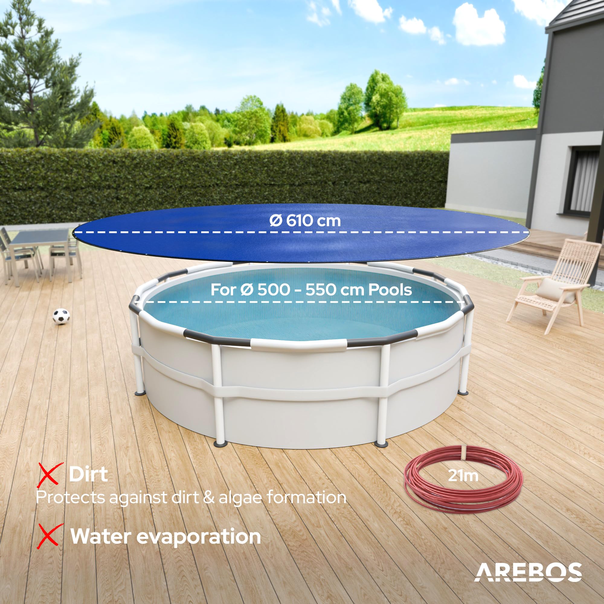 Arebos® Cubierta para Piscina Redonda Ø 610 cm | Lona Solar 2 en 1 de PE 200g/m² | Apta para Piscinas Ø 500-550 cm