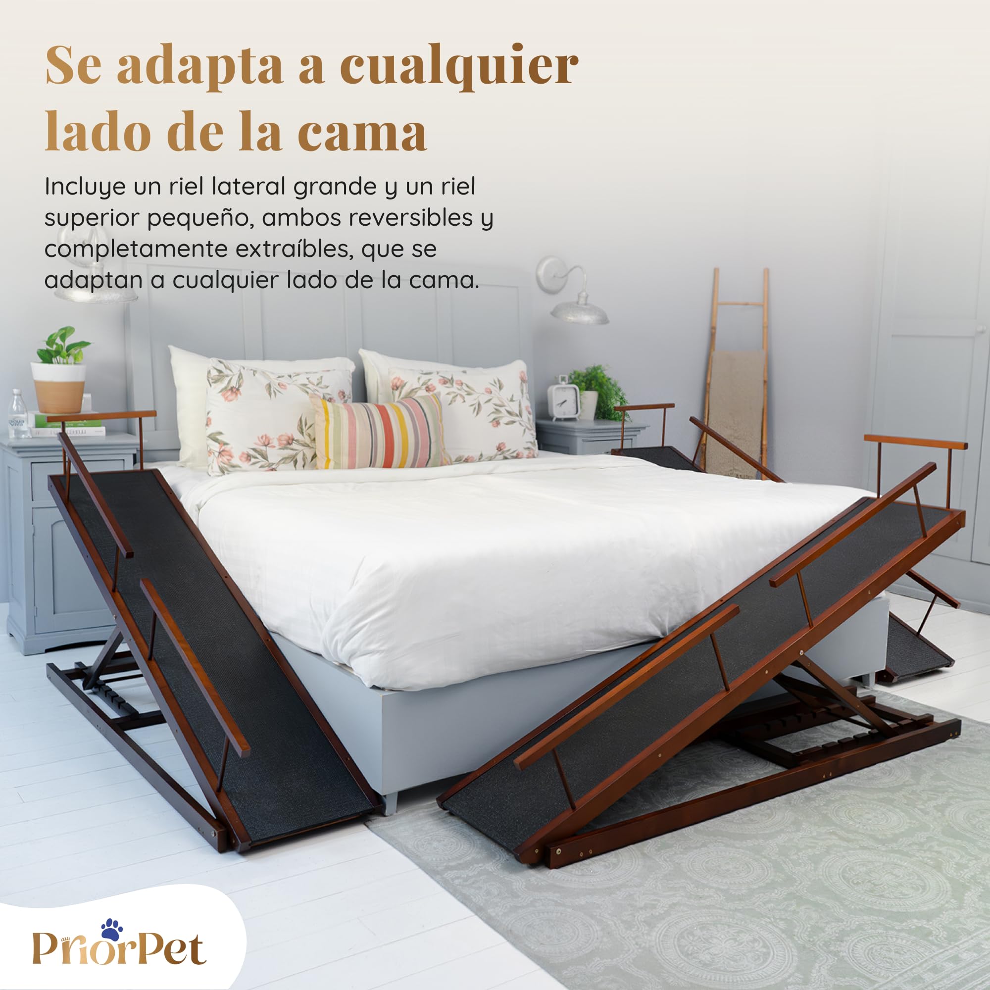 Rampa para Perros para Cama con Rieles de Seguridad PRIORPET - Madera de Abedul - Ajustable - para Camas Altas de hasta 94.5 cm - Plegable - Agarre Antideslizante - para Perros de hasta 23kg - Nuez