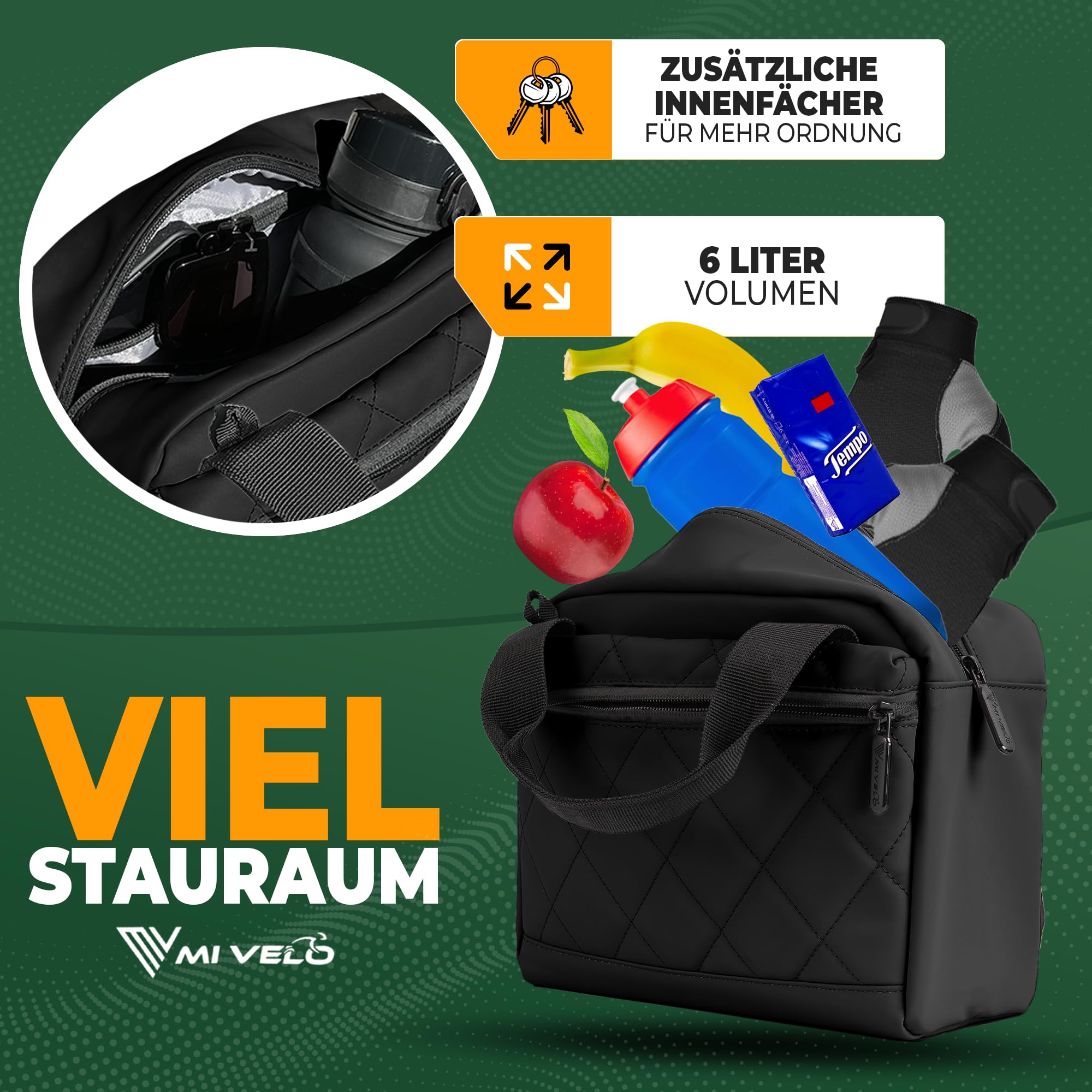 MIVELO Lenkertasche Fahrrad für KLICKfix - Fahrradtasche Lenker (Adapter kompatibel) - wasserabweisend & geräumig - Lenkertasche - Tasche Lenker - E-Bike tauglich (Schwarz, ohne Adapter)