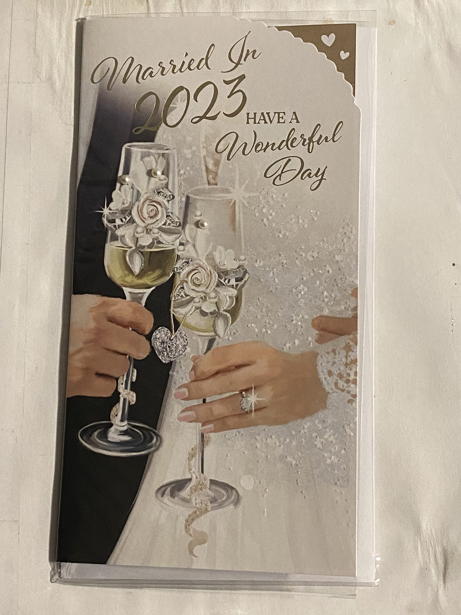 Married In 2023 Have A Wonderful Day Wedding Day Card Bride & Groom/Flutes Pearls/Glitter/Foil Detail(PRELUDE48738)