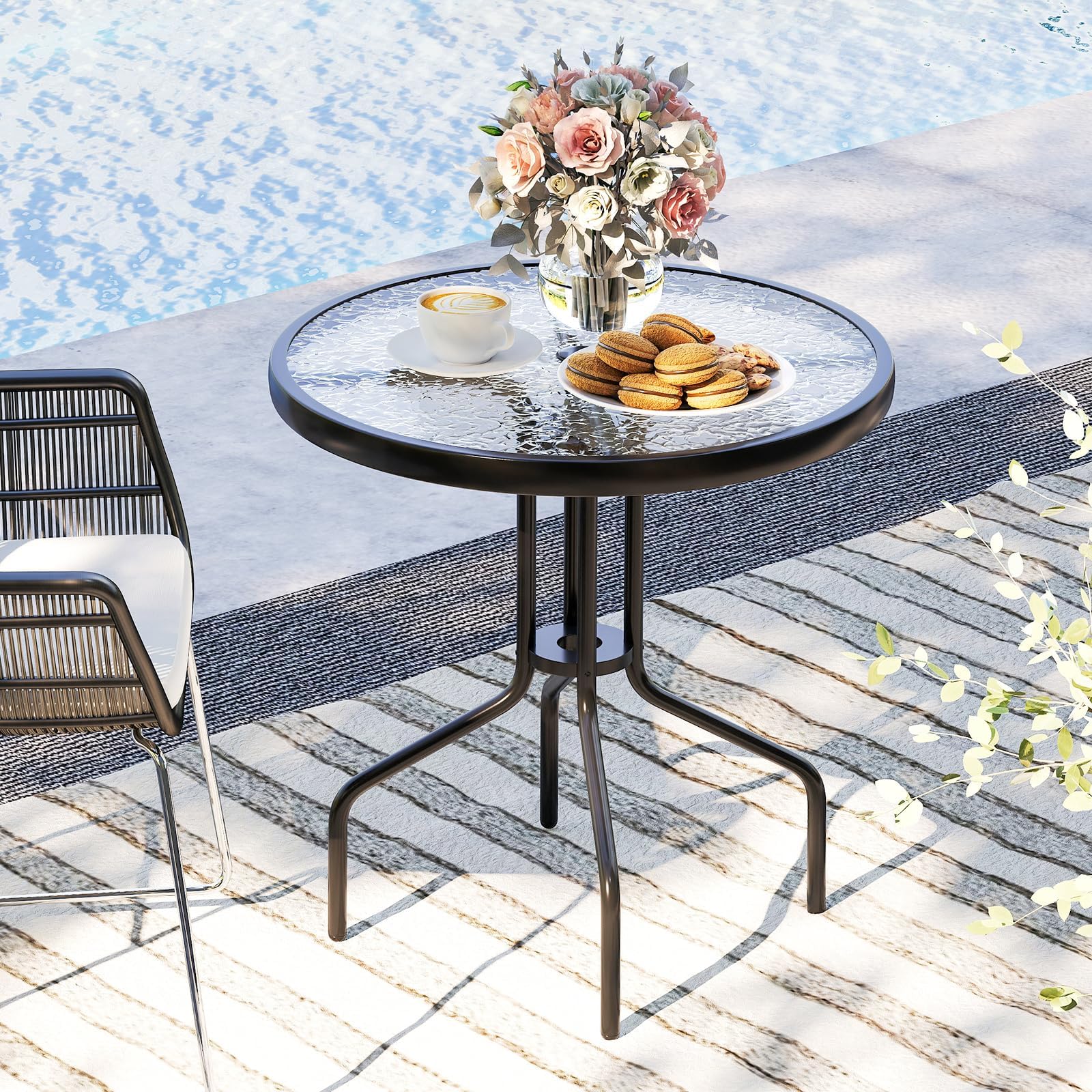 FANTASK Mesa de bistró con Tablero de Cristal Templado, 70 x 70 x 71 cm, Mesa Redonda para balcón, Mesa de Comedor al Aire Libre para terraza, Lacado Negro