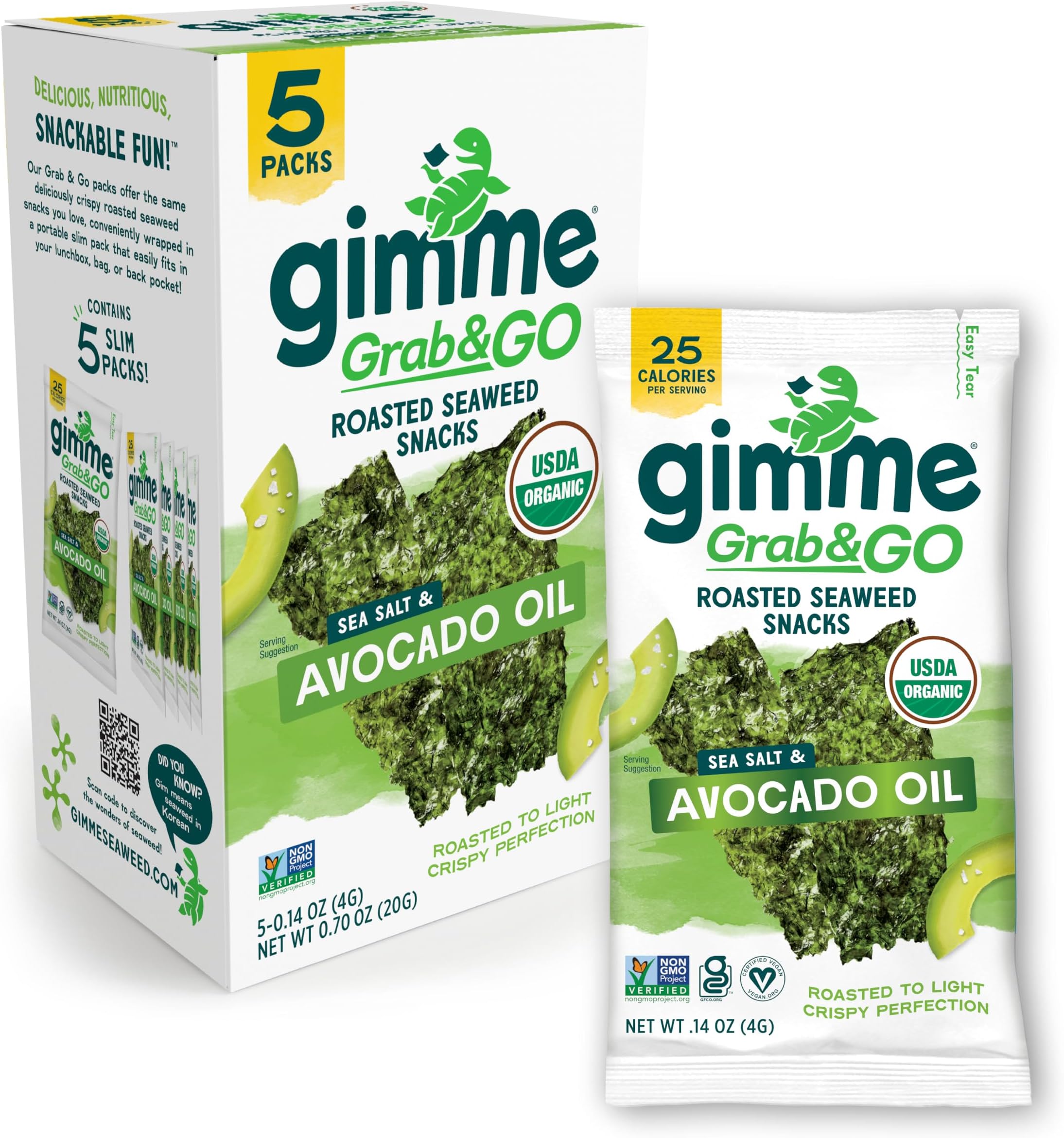 Gimme Seaweed Grab & Go Organic Premium Roasted Seaweed Snacks, Sea Salt & Avocado Oil, 5 Count Trayless, Keto, Vegan, Gluten-Free, Source of Omega3s, Healthy On-The-Go Snack for Kids & Adults