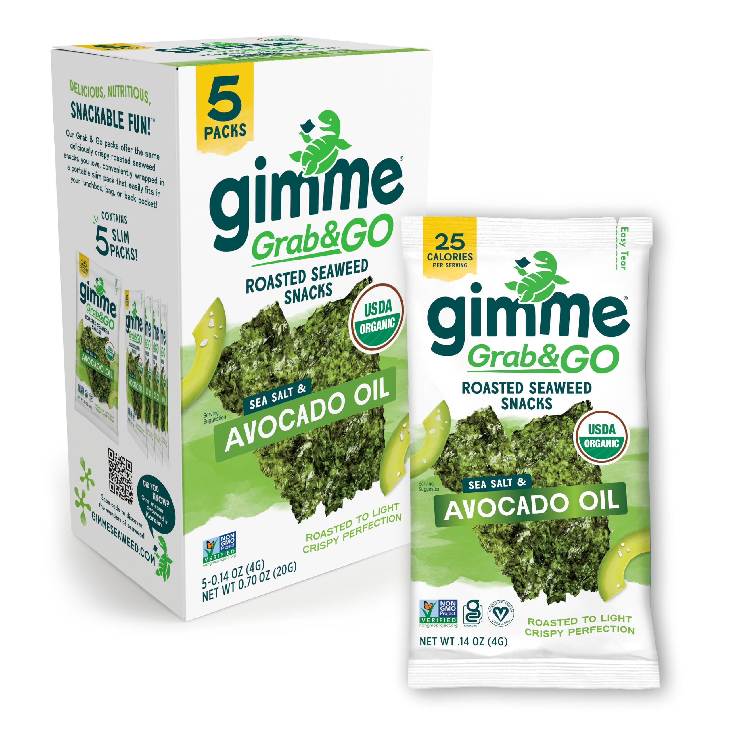 gimMe Grab & Go - Sea Salt & Avocado Oil - 5 Count - Organic Roasted Seaweed Sheets - Keto Vegan Gluten Free - Great Source of Iodine & Omega 3’s - Healthy On-The-Go Snack for Kids Adults