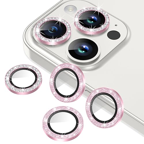 AGVEE 3+3 6 Pack for iPhone 15 Pro 6.1" / 15 Pro Max 6.7" Camera Lens Protector, Bling Diamond & Bling Glitter Metal Ring 9H Tempered HD Glass Camera Protector Cover Film, Bling-Pink - iPhone 15 Pro/Pro Max - Bling-pink