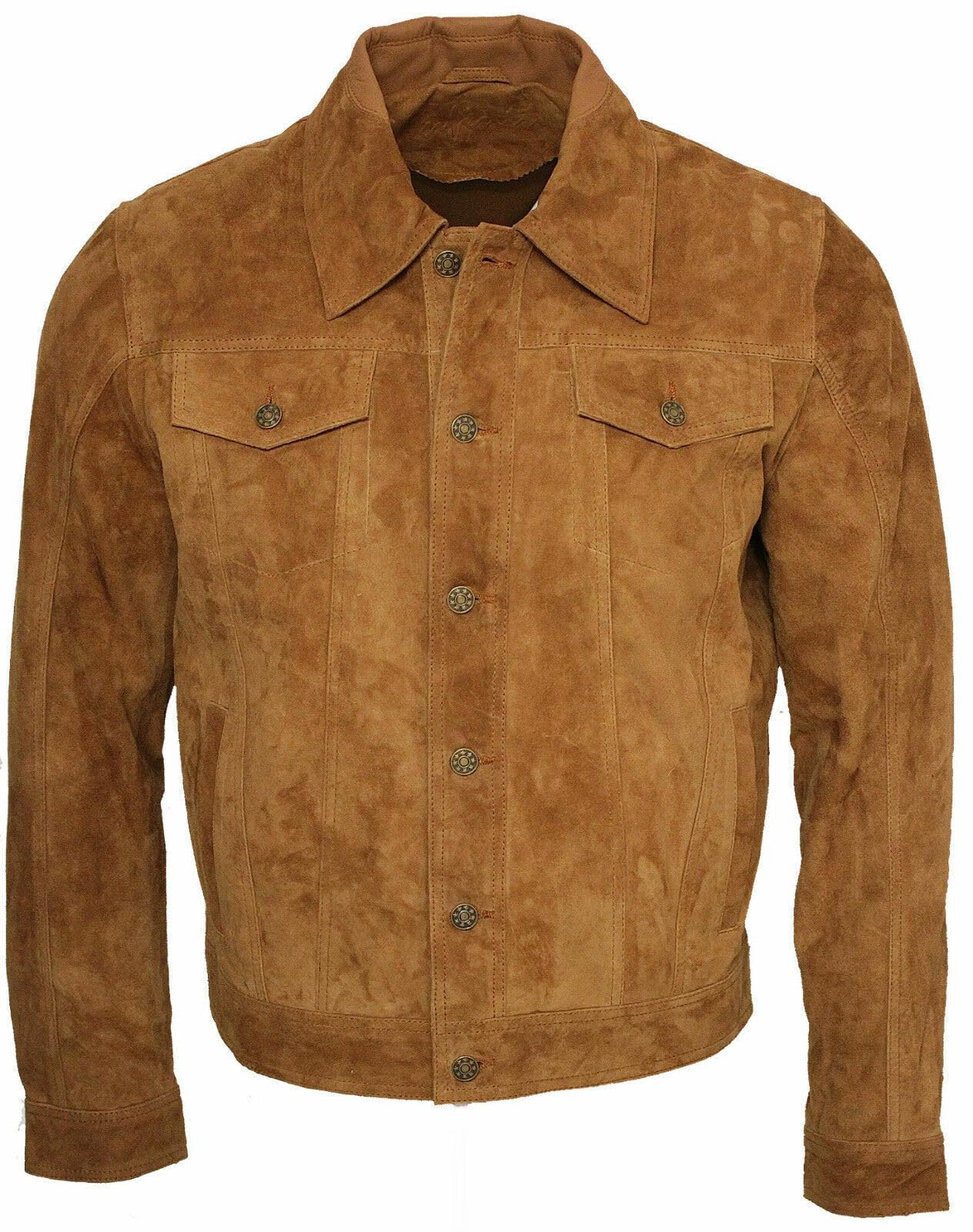 Infinity Leather Men's Tan Trucker Casual Goat Suede Leather Shirt Jeans Jacket 4XL