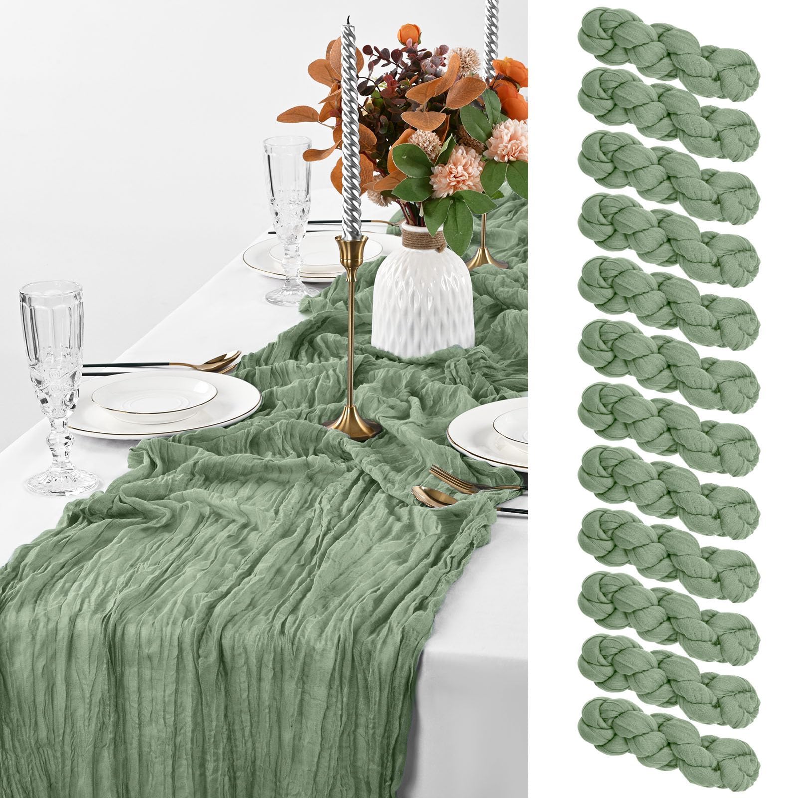 Pesonlook Seihtuch-Tischläufer, rustikaler Gaze-Stoff, Boho-Tischläufer für Hochzeit, Babyparty, Geburtstag, Brautparty, Party, Dekoration, Tischdekoration, Salbeigrün, 12 Stück