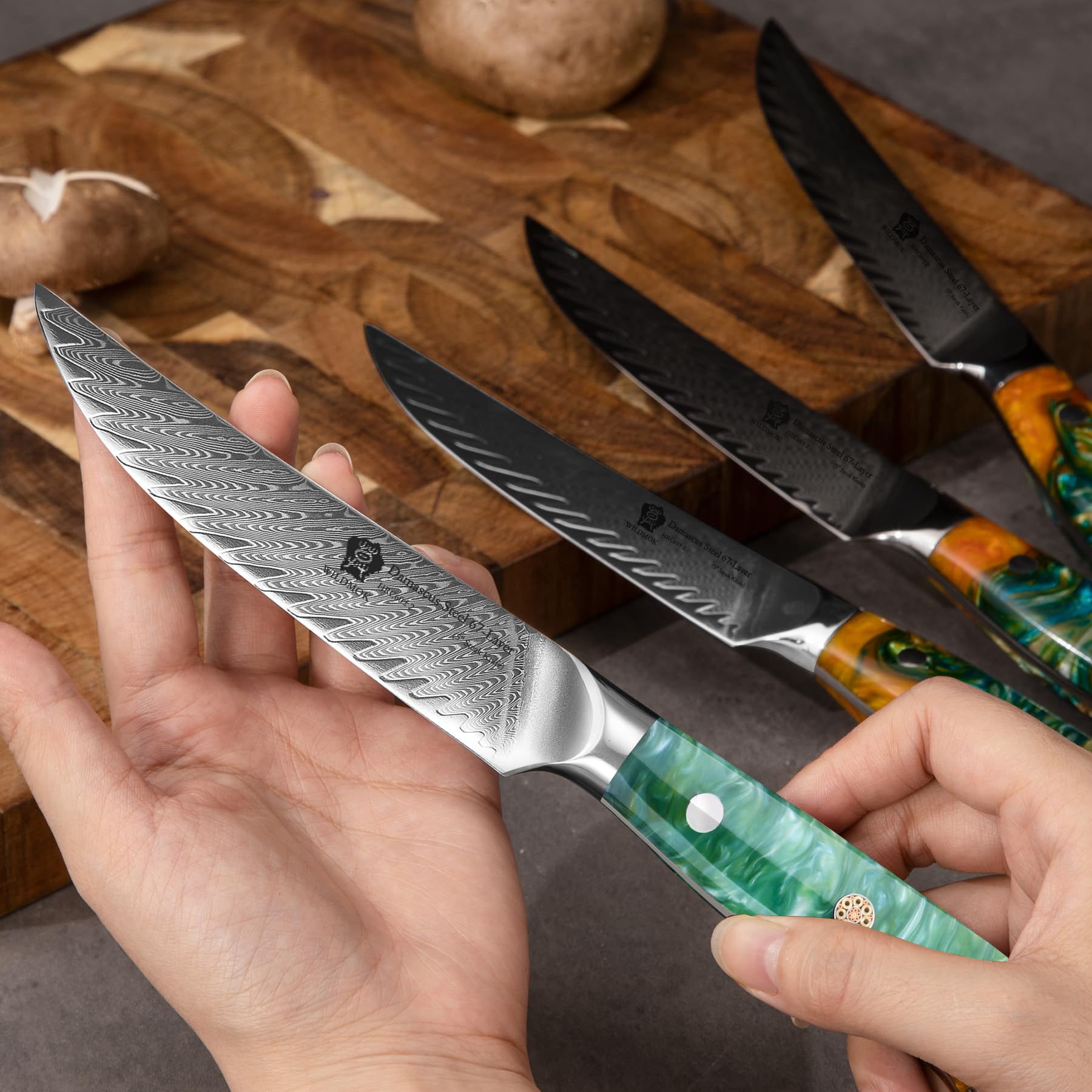 WILDMOK Steakmesser, 13cm nicht gezahnt, Steakmesser-Set mit 4 Stück, Steakmesser aus japanischem Damaststahl VG10, Premium-Steakmesser-Set mit Geschenkbox