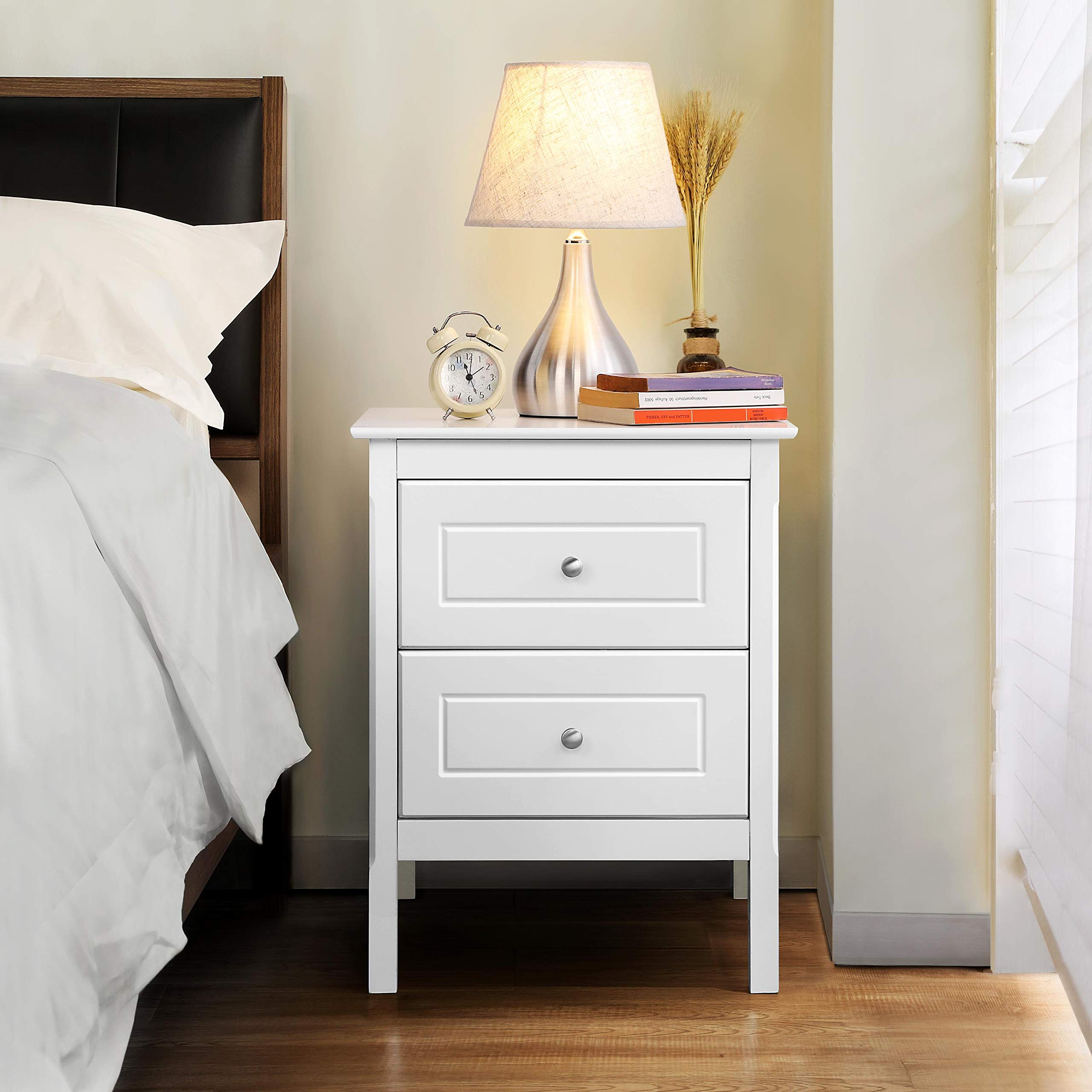 Yaheetech 2pcs Mesitas de Noche Blancas Mesillas de Noche | con Patas de Pino Macizo Mesitas Auxiliares de Madera de pino para Dormitorio 48x40x61cm