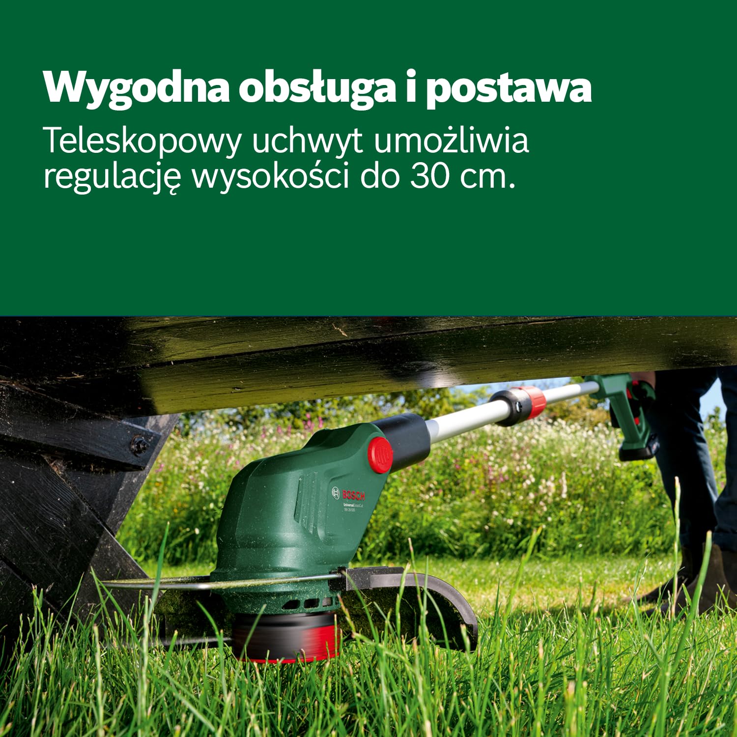Bosch: akumulatorowa podkaszarka do trawy UniversalGrassCut 18V-26-500 (do podkaszania w poziomie i pionie, czas ładowania: 65 min, średnica cięcia: 26 cm, system 18V, bez akumulatora)