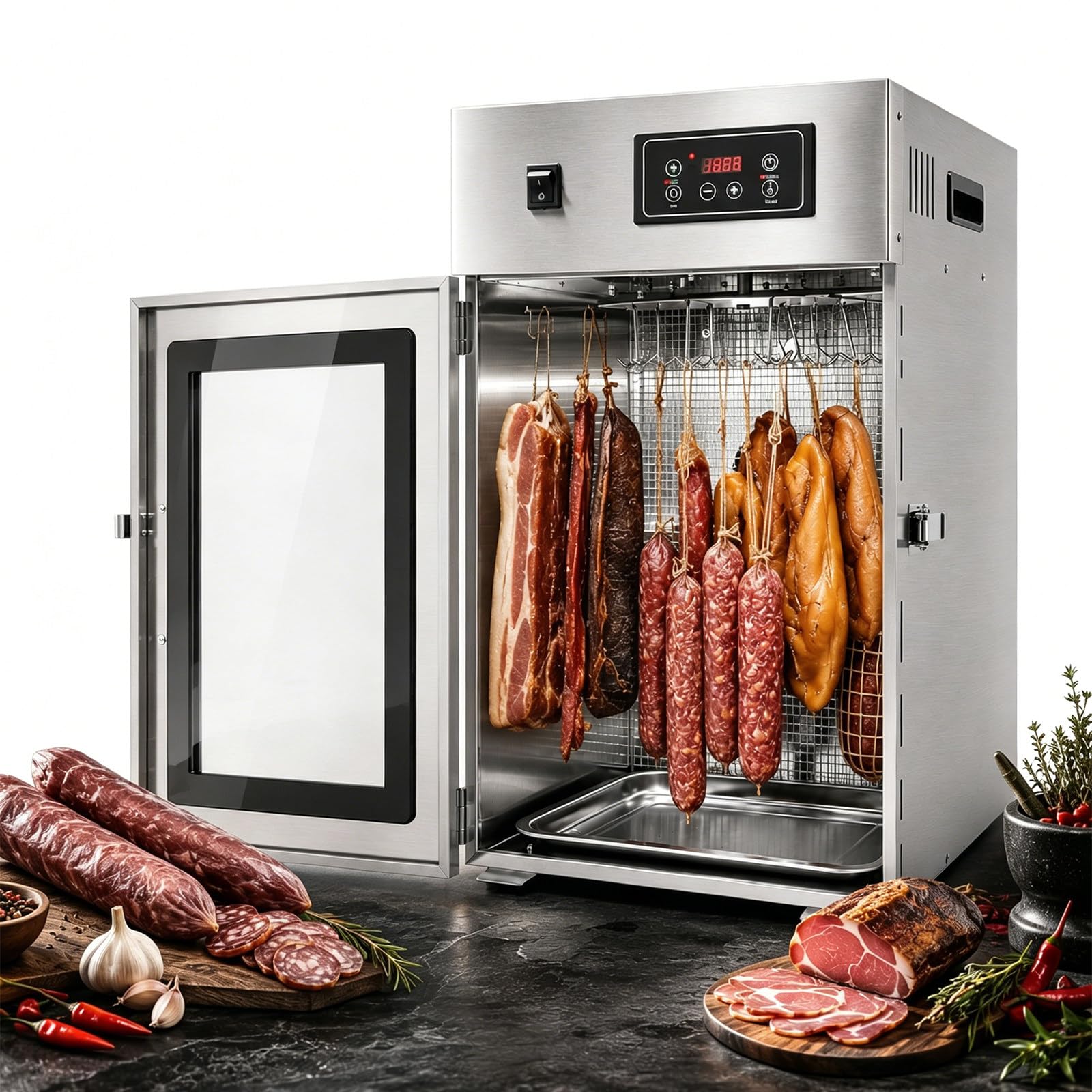 Dry AGER Reifeschrank, Edelstahl Dörrautomat für Fleisch mit 30-90℃ Temperaturregelung, 24h Timer, 7,5 kg Kapazität, Dörrschrank für Beef Jerky, Speck, Fisch und Pökelfleisch