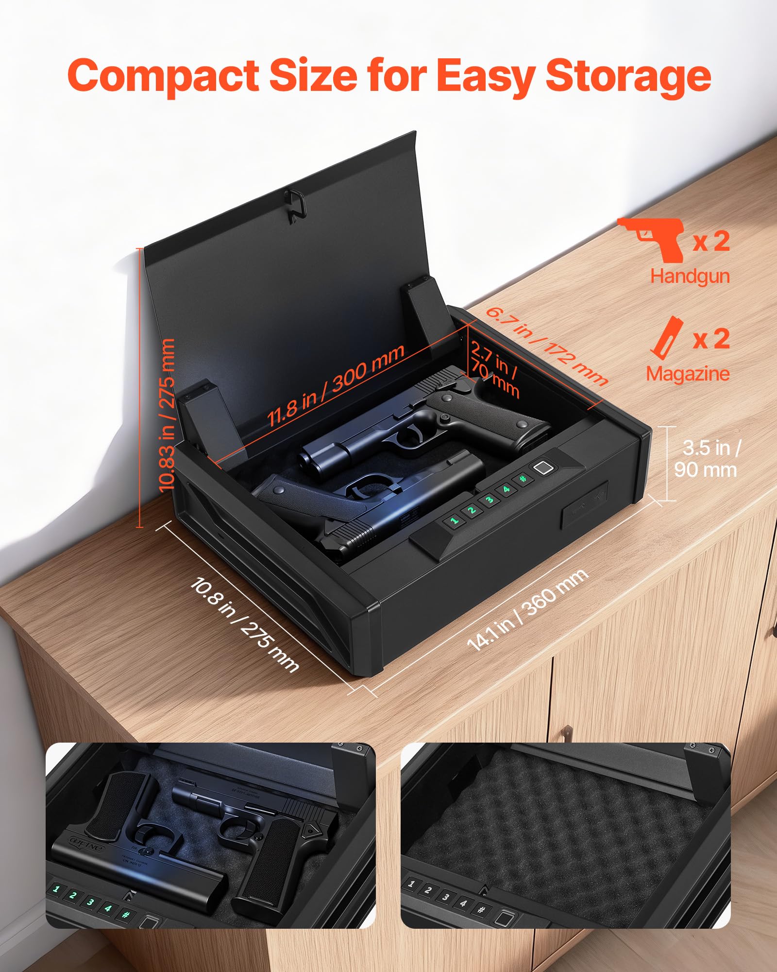 VEVOR Cassaforte per Pistola con Impronta Digitale Password Codice a Quattro Cifre Chiave, Cassaforte per Pistole con Illuminazione per 2 Pistole 2 Caricatori 360 x 275 x 90 mm Uso Domestico