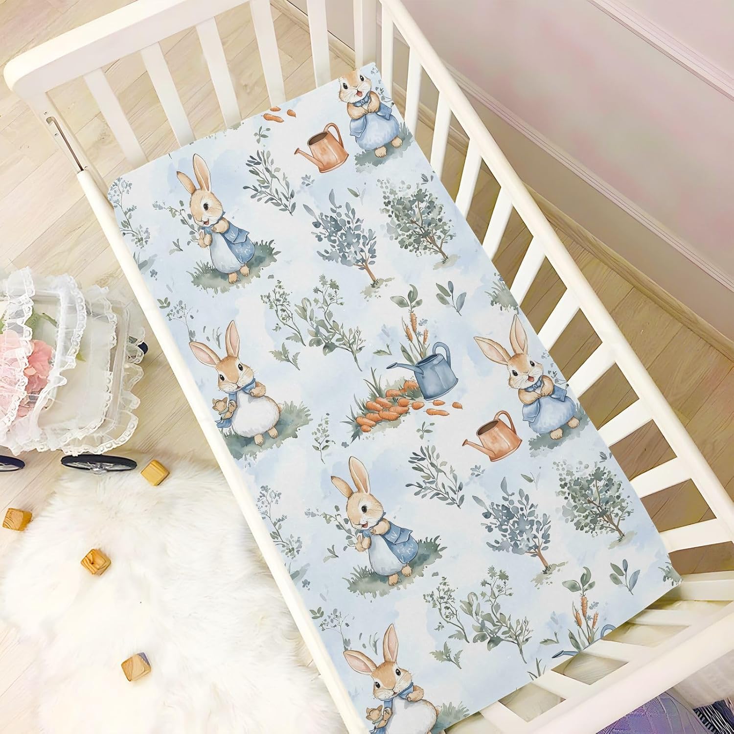 Crib Sheets for Boys Peter Bunny Friend Toddler Baby Girl for Crib,Neutral Mini Cribs Sheet Fitted,Cot Mattress 52 * 28 * 9In