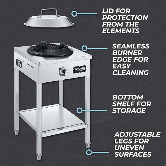 Concord Professional Vortex Burner Stainless Steel Commercial Wok Range Single Burner Outdoor Propane Stove. Great for Stir Fry, Outdoor Kitchen, Asian Cuisine