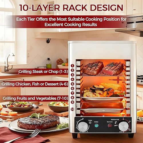 Miniatura 3 de 1700W Electric Broiler Grill, Stainless Steel Adjustable Steak & Chicken Cooker, Perfect for BBQing Beef, Veggies & More - Time & Temperature Control