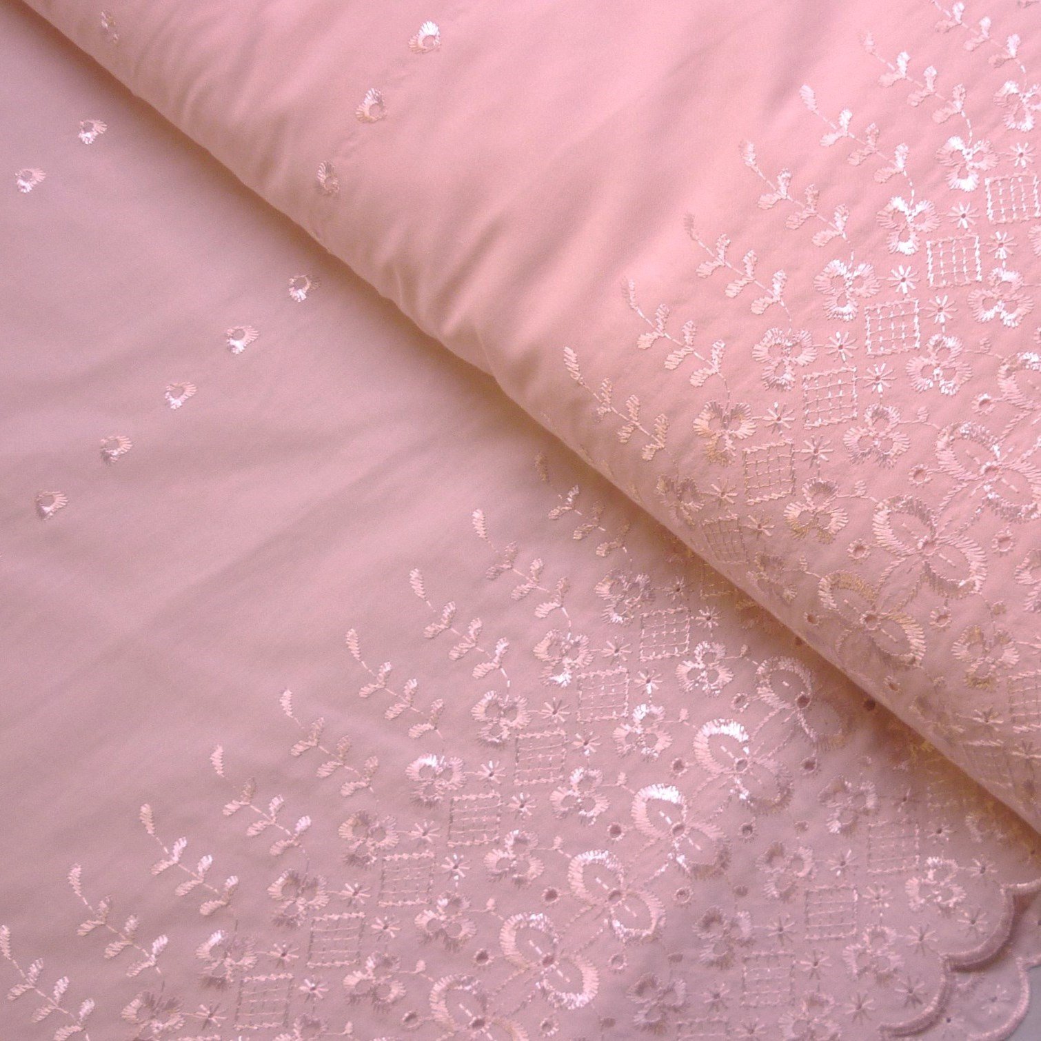 Pale Pink Polycotton Fabric with Double Border Broderie Anglaise (Per Metre)