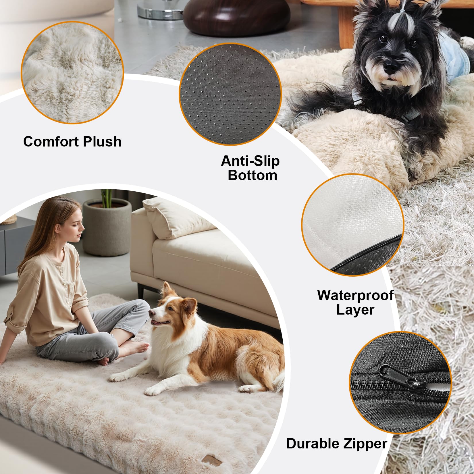 BingoPaw Cuccia per cani Taglia Grande: Lettino cani Sfoderabile Lavabile Materassino cane Impermeabile, Cuscino Soffice Morbido Peloso Antiscivolo per animali domestici 90x60x10 cm, Beige