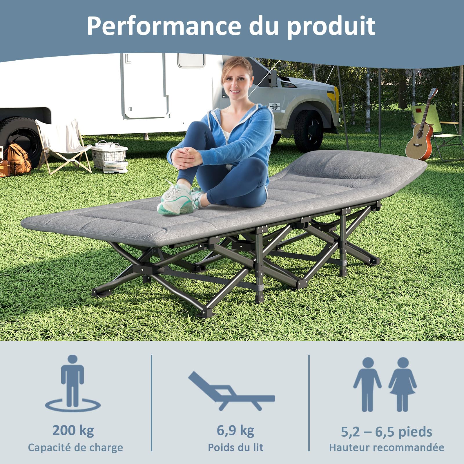 Lit de Camping Plier pour Adultes avec Matelas et Oreiller Intégrés, Portable pour Extérieur et Voyage, Charge Maximale 200kg, Inclut Sacoche de Transport, Gris