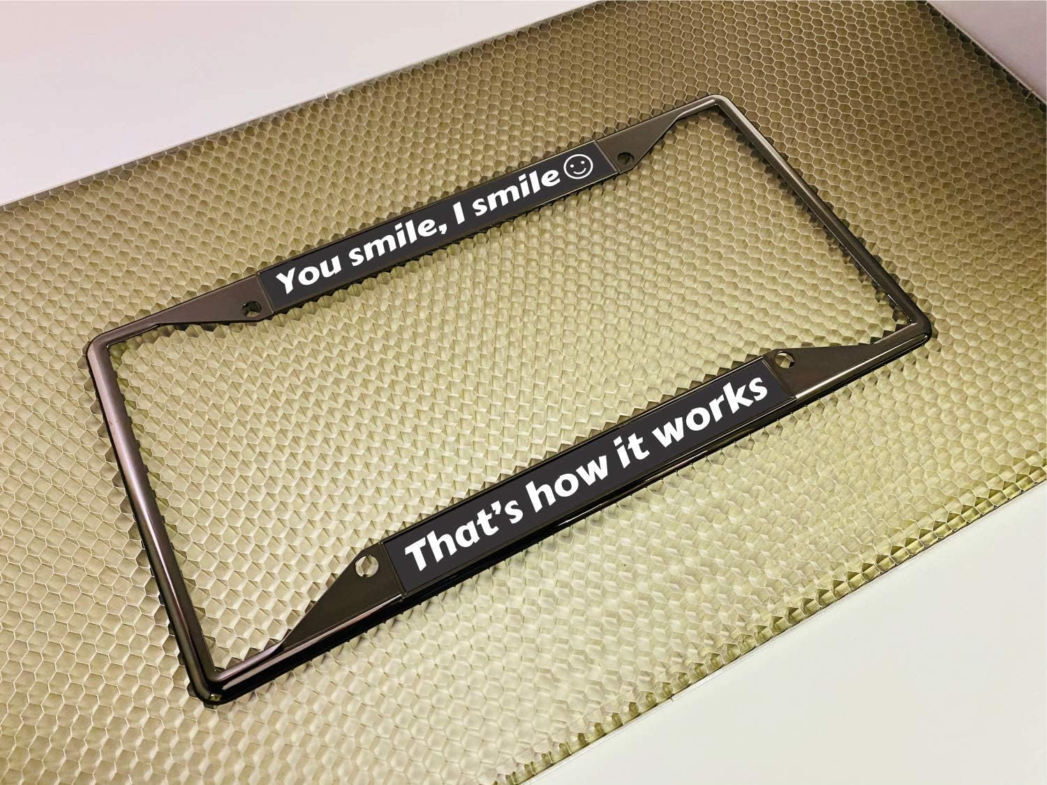 Personalized with Custom Text Design - 4 Hole Gunmetal Zinc (Metal) Laser Engraved US Standard Size - Car License Plate Frame with Free caps - Black/White Text (Qty: 1 Frame)