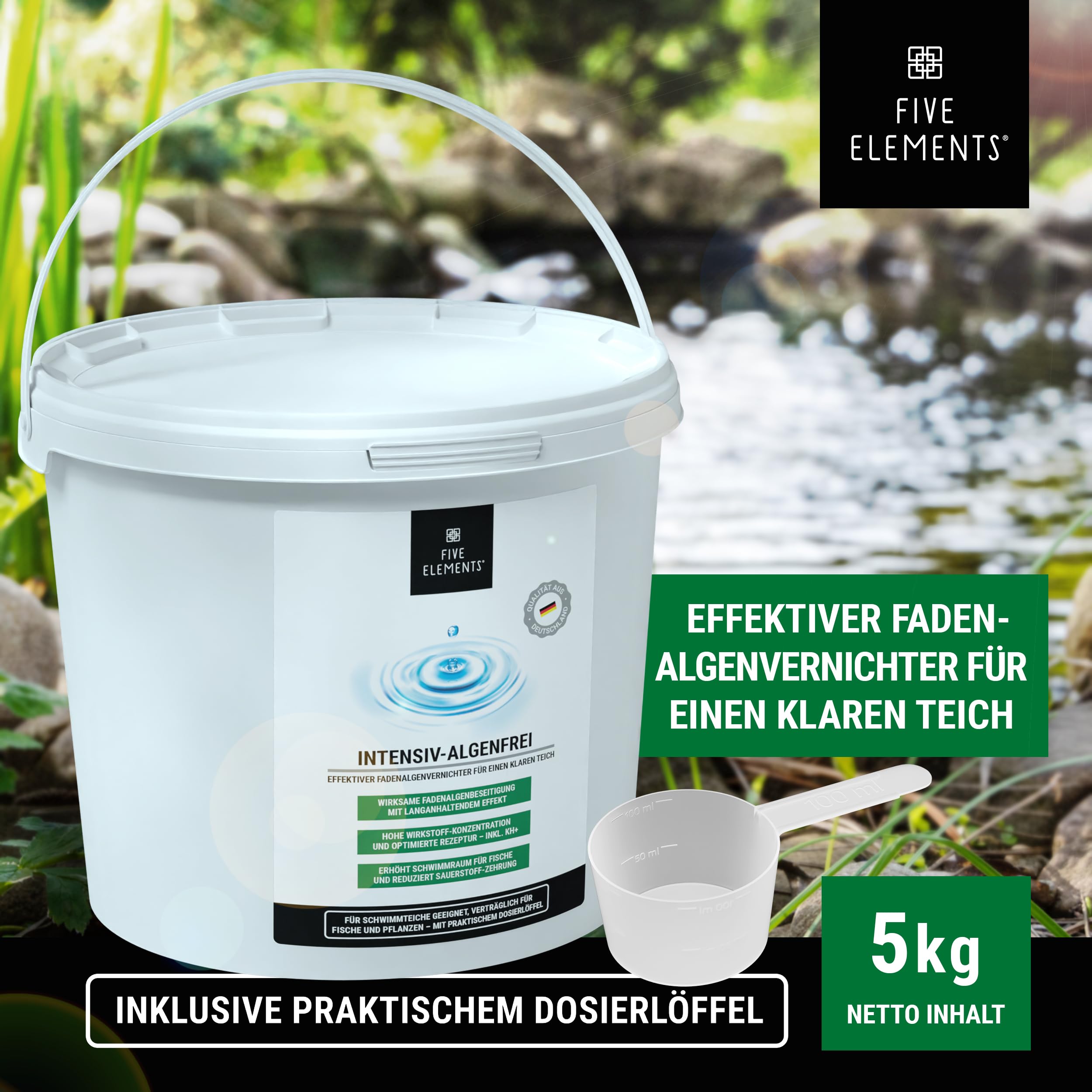 FIVE ELEMENTS® Intensiv-Algenfrei | hochwirksamer Fadenalgenvernichter für klaren Teich | für Koi-Teich geeignet | 5 kg