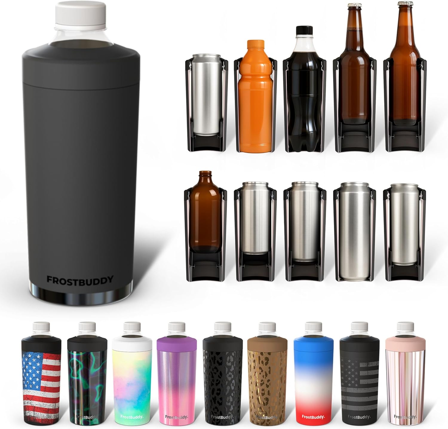 Universal Buddy XL Can Cooler by Frost Buddy - Fits 12-ounce, 16-ounce, 20-ounce, and 24-ounce Cans and Bottles - Keep Your Drinks Refreshingly Chilled for over 12 hours (Dark Night)