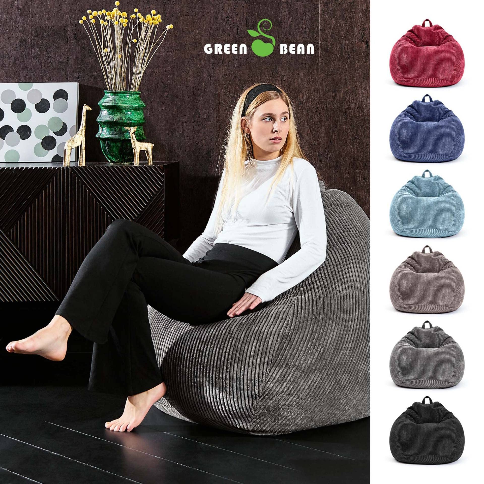 Green Bean© Pouf d'Intérieur 90x110cm Remplissage de Perles EPS & Tissu en Velours Côtelé Doux Lavable - Intérieur Coussin Sol Siège Repos Tabouret Chaise Fauteuil Relax Enfants Adultes Tissu Gris