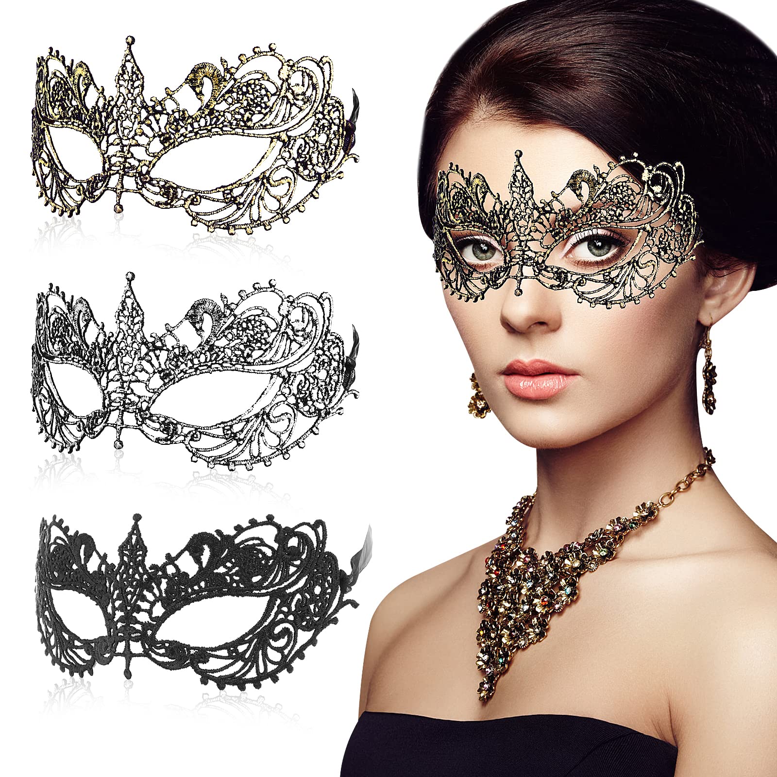 Sibba3 Pieces Mascarade Masks for Women Sexy Lace Venetian Face Mask Halloween Eye Masked Lady Girl Maskerade Prom Carnival
