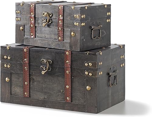 Soul & Lane Vintique Duo - Elegante baúl de madera con tapas y dije vintage (juego de 2), decoración organizativa versátil antigua para el hogar y