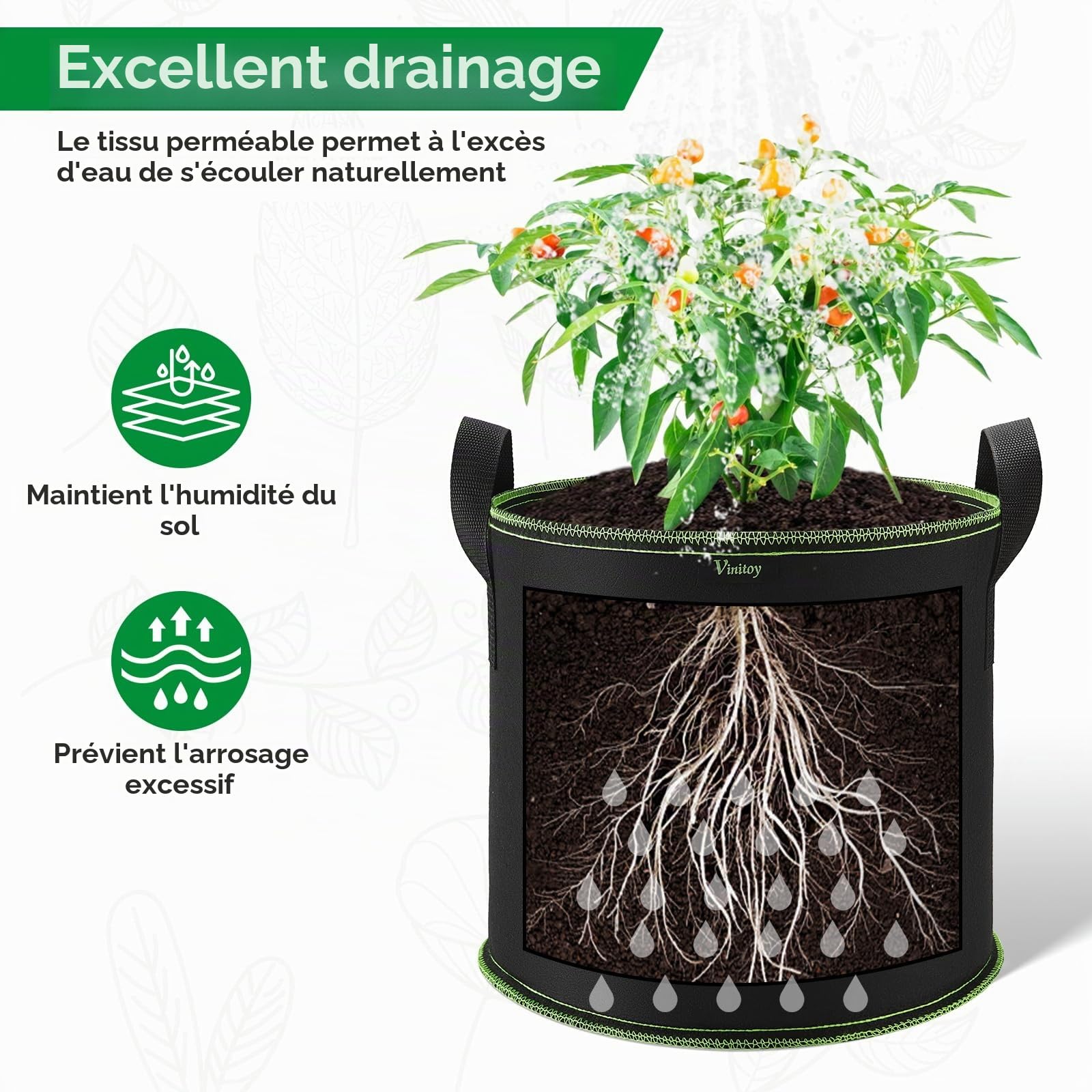 Lot de 5 sacs de culture en tissu épais, poignées étendues, pots robustes, tapis de rempotage, 60 l