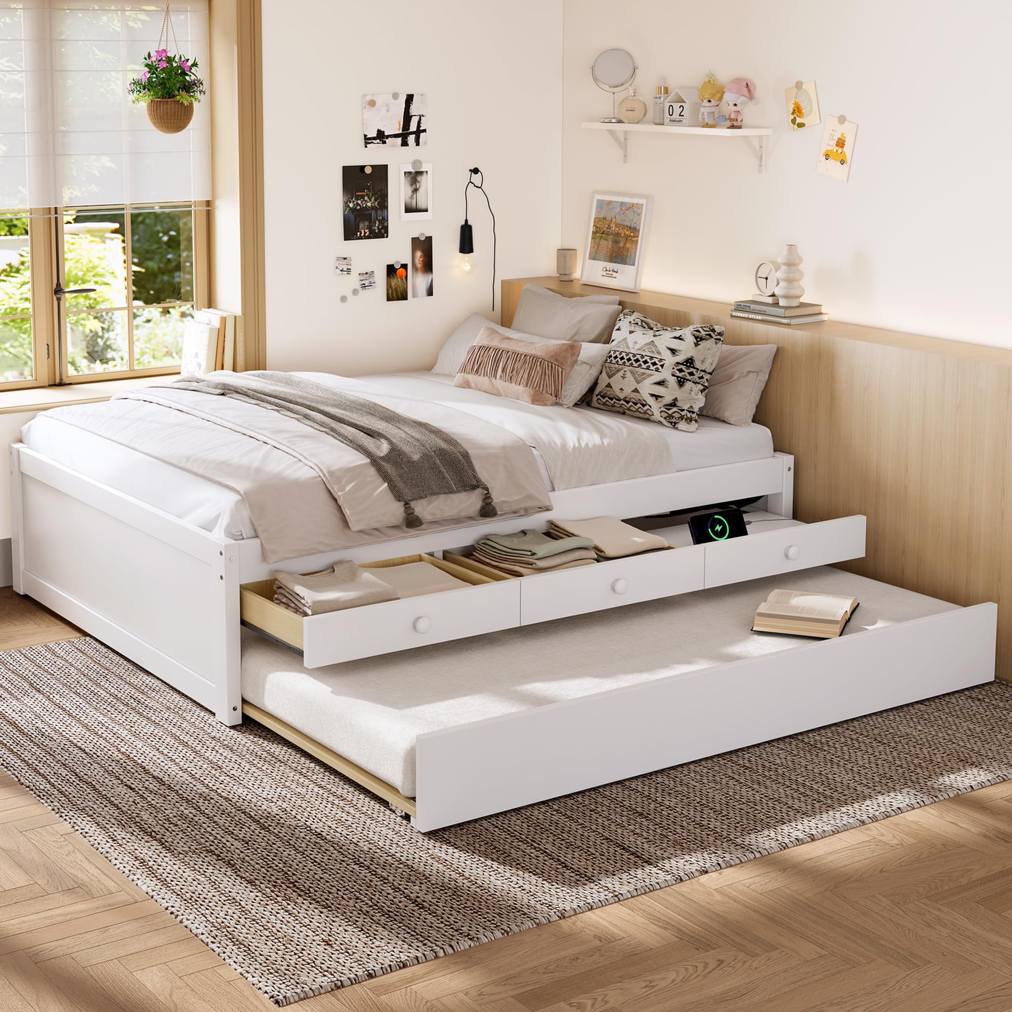 Full Platform Bed with Trundle and Storage Drawers, Solid Wood Daybed with Power Outlets and Upgraded Support Slats, Full Bed Frame for Bedroom,