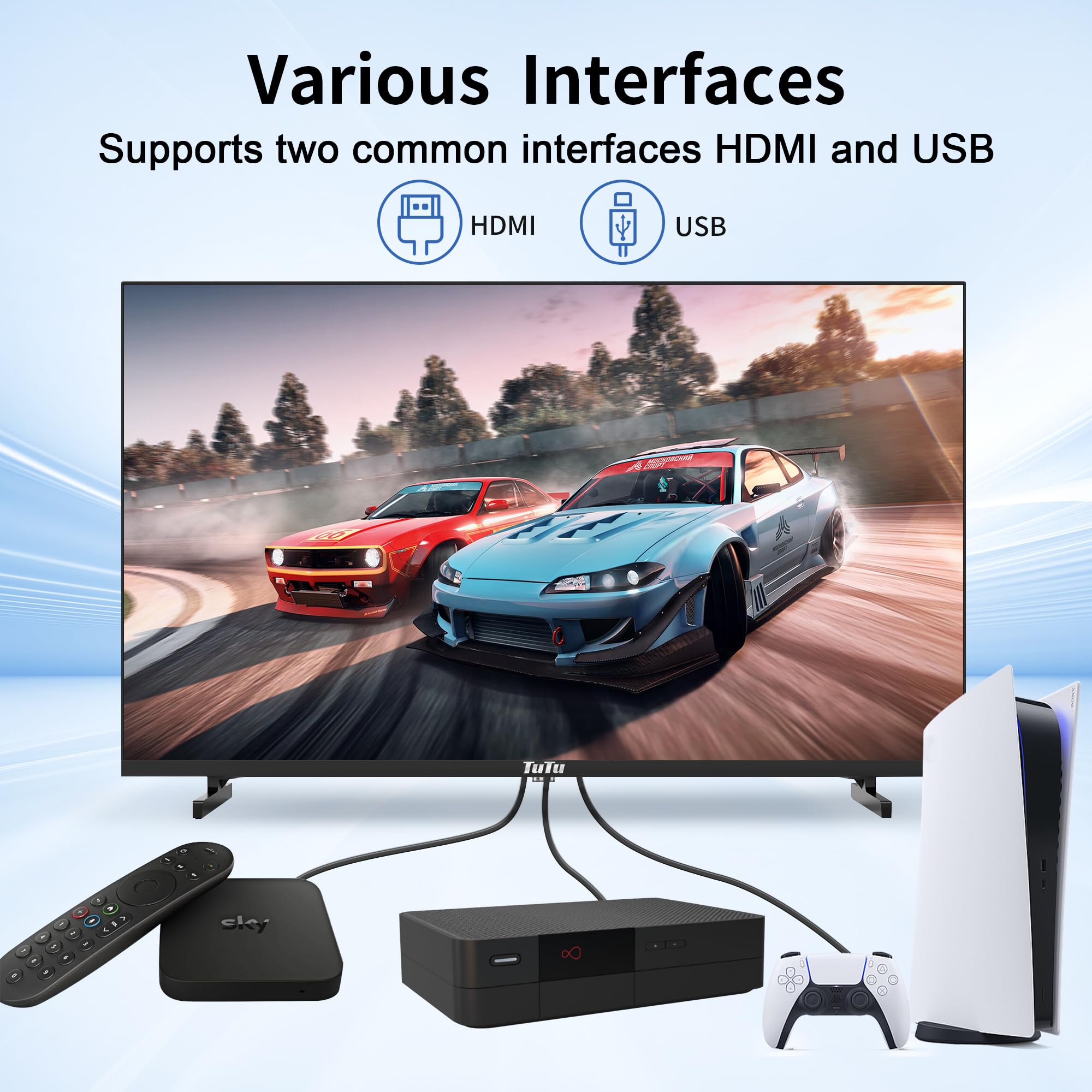 TuTu TV with various interfaces and connected devices