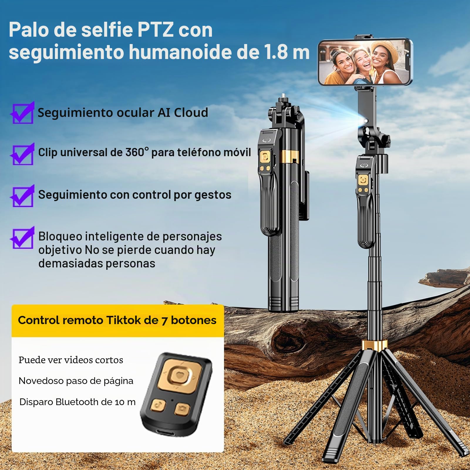 Andoer Trípode para selfie con seguimiento facial automático, 180 cm, trípode para teléfono móvil con tornillo de 1/4 pulgadas, disparador remoto, control de gestos para selfie, transmisión en vivo,