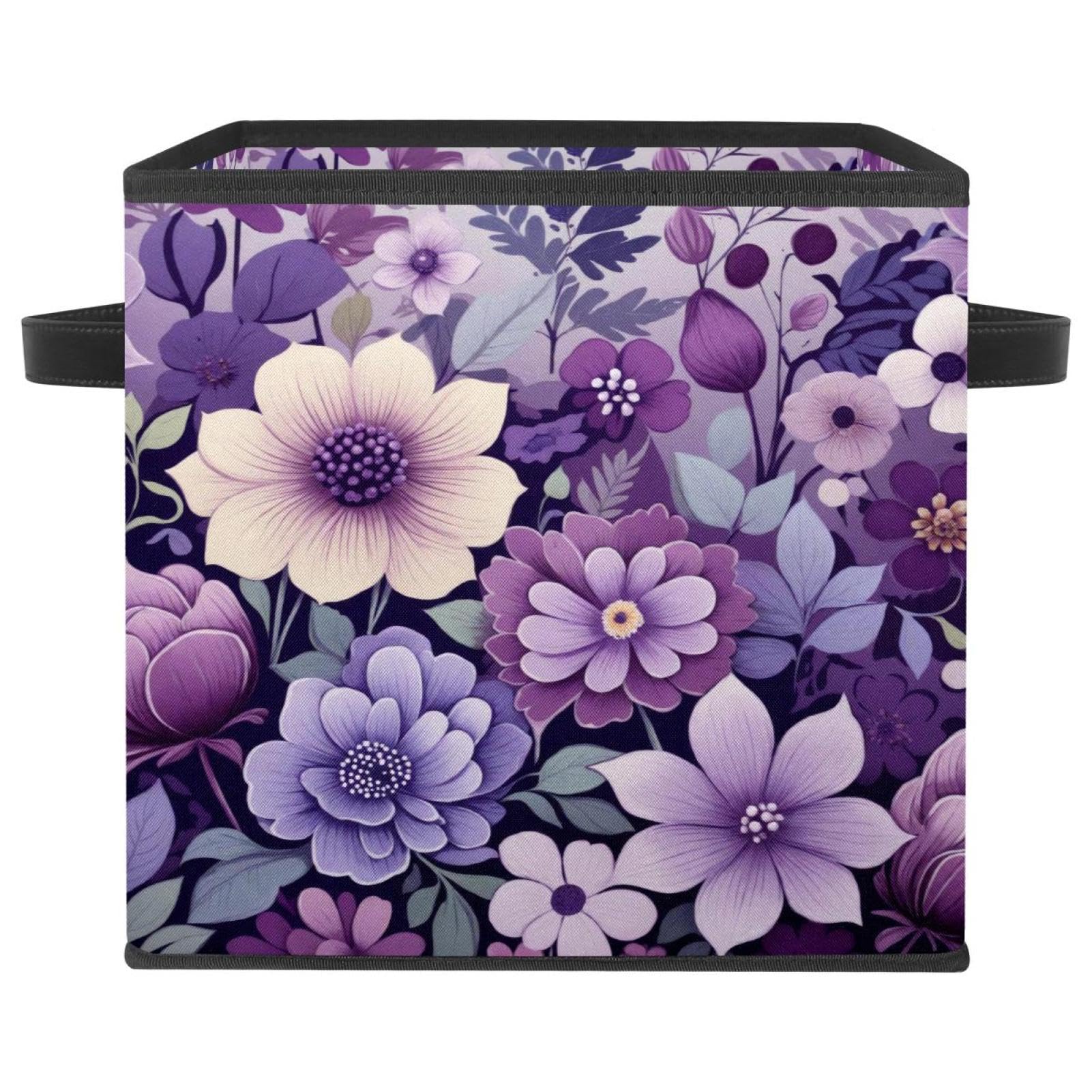 Boîte de rangement pliable motif floral violet avec poignées cuir