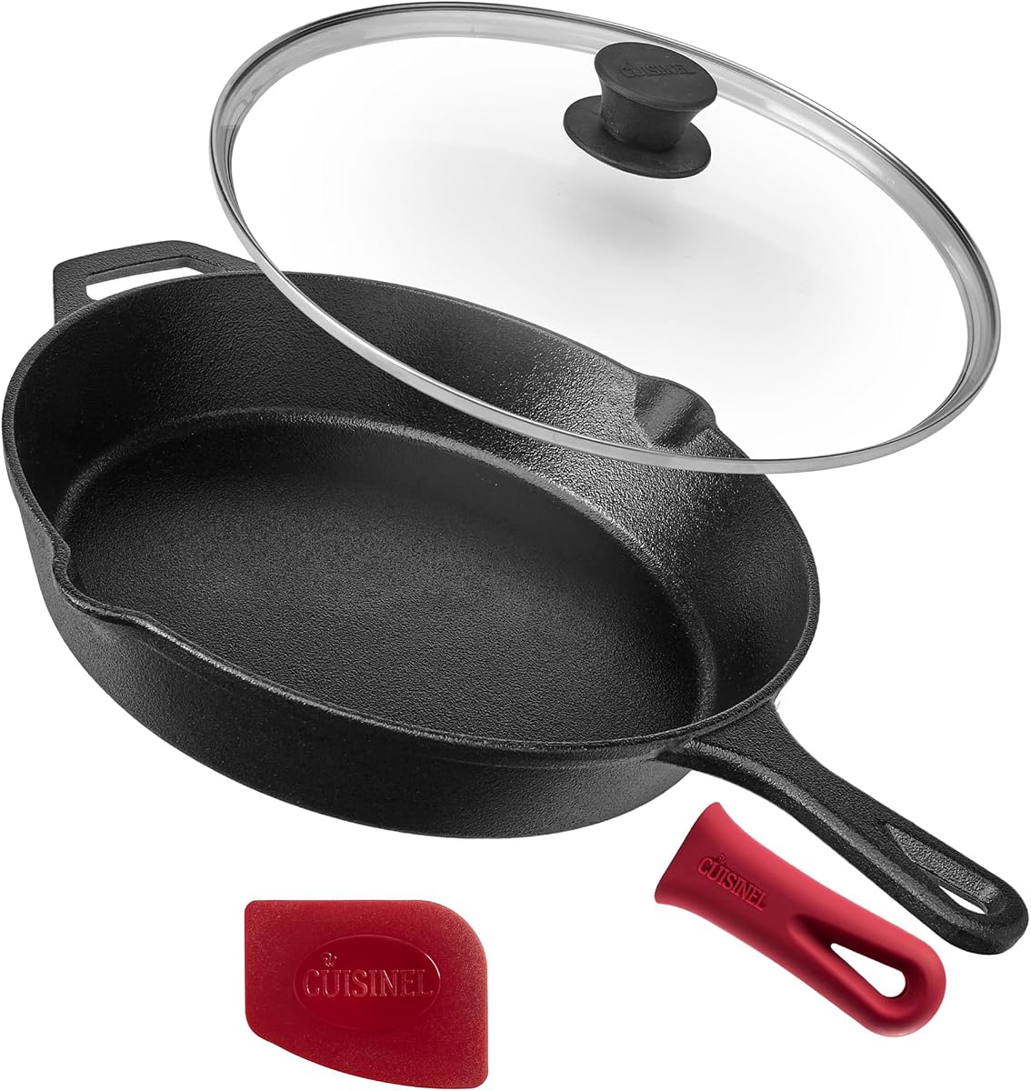 Sartén de hierro fundido con tapa - Sartén de 12 pulgadas + cubierta de vidrio + soporte de mango de silicona - Utensilios de cocina aptos para horno pre-sazonados sin PFAS y PFOA - Uso interior/exterior - Parrilla, barbacoa, fuego, estufa