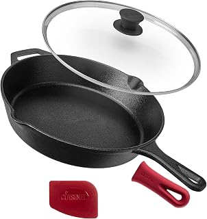 Cuisinel 12-Inch Pre-Seasoned Cast Iron Skillet with Glass Lid & Silicone Handle Holder - Oven Safe, All Heat Sources, PFAS-Free
