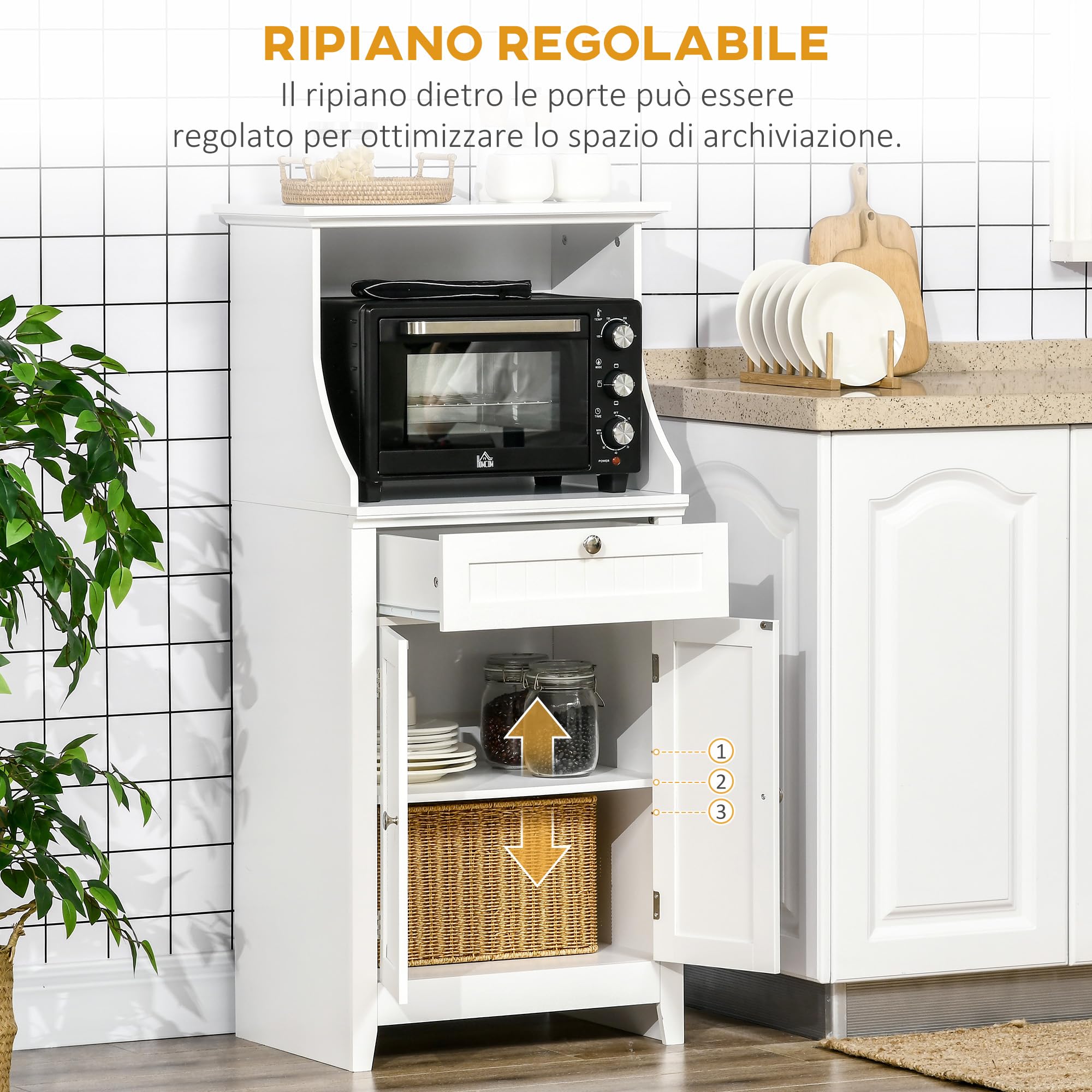 HOMCOM Mobile Cucina per Microonde e Piccoli Elettrodomestici, Mobile da Cucina con Supporto per Forno Microonde, Cassetto e Armadietto 2 Ante con Ripiano Regolabile, 60x40x122.5 cm, Bianco