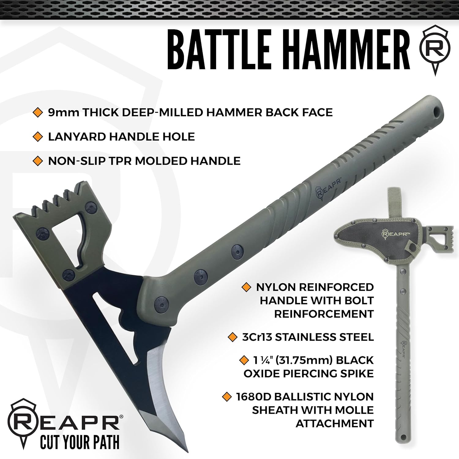REAPR Battle Hammer – 15¾″ Fixed‑Head Hammer Axe with 3¼″ Cutting Blade, Spike End & Nylon Handle with MOLLE-Compatible Sheath Ideal Demolition & Tactical Use