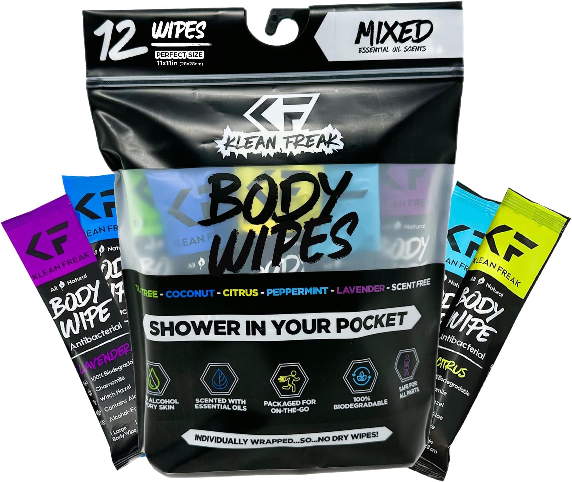 The Klean Freak Body Wipes - 12 count Individually Wrapped | Showerless Body Wipe for Women & Men | Sustainable Bodywipes for Gym, Travel, Camping | Mixed