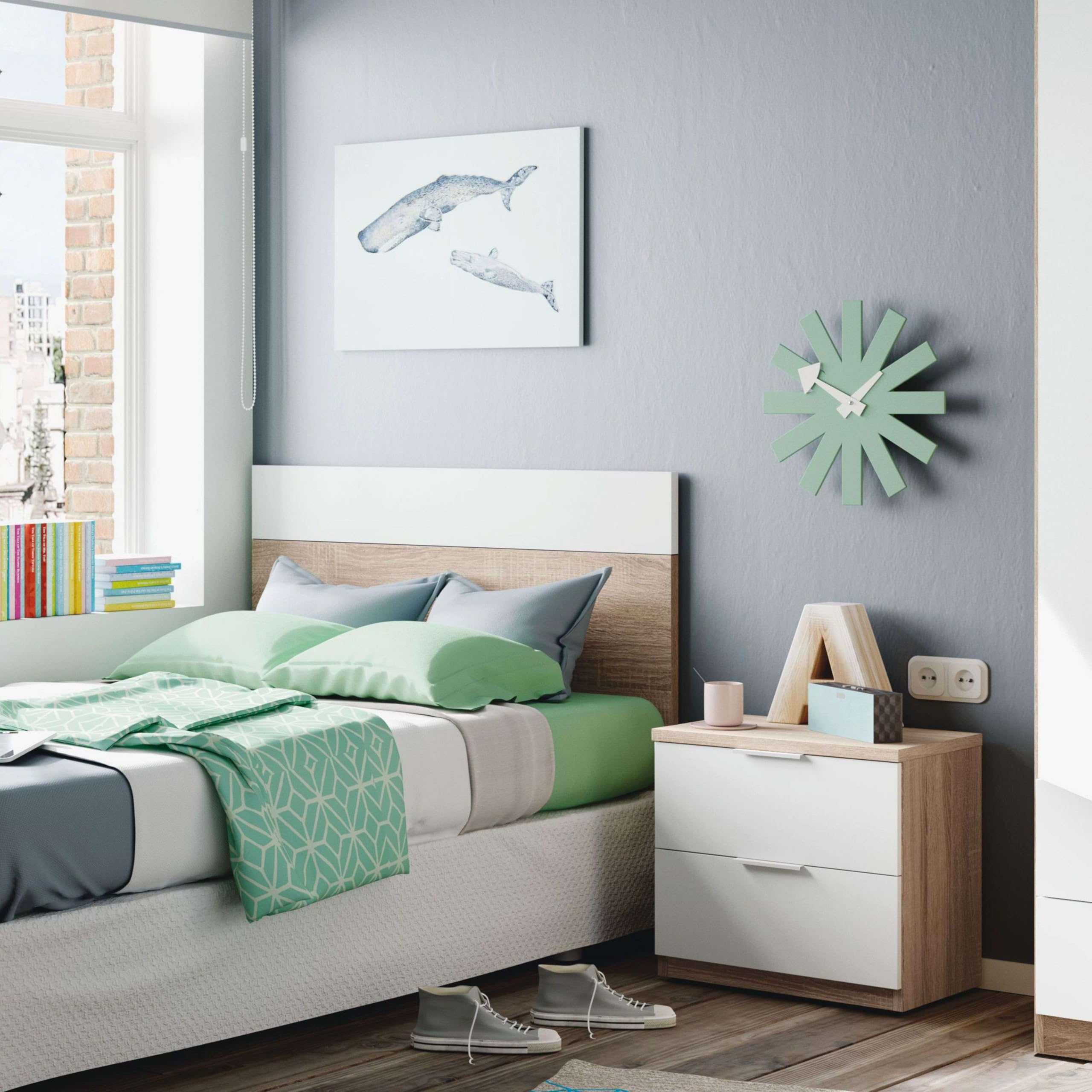 Miroytengo Conjunto Dormitorio Cabecero de Cama de 90 con Mesita Luca Color Blanco Mate y Roble Canadian
