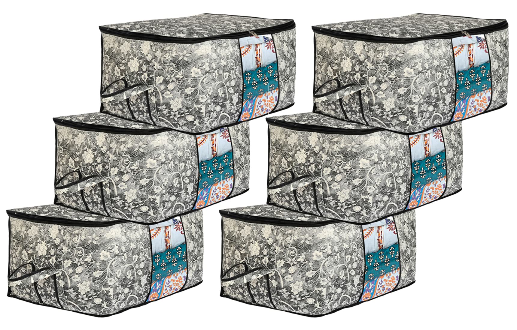 Kuber Industries Flower Design Non-woven Foldable Underbed/Storage Bag/Wardrobe Organizer With Transparent Window- Pack of 6 (Grey & Cream)-44KM0479-picture-36